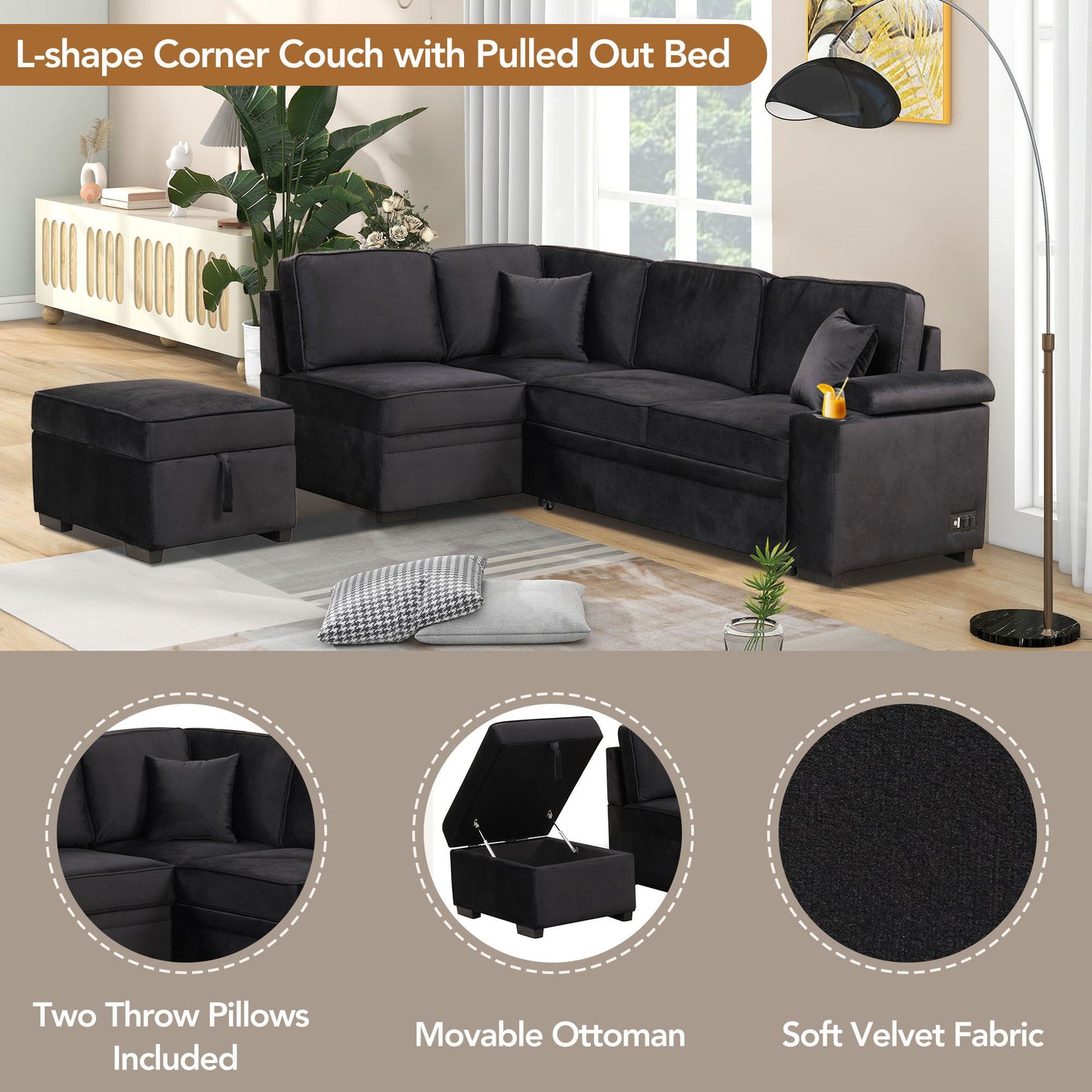 Sleeper Sofa Bed, 2 In 1 Pull Out Sofa Bed L-Shape Couch With Storage Ottoman For Living Room, Bedroom Couch And Small Apartment - Black