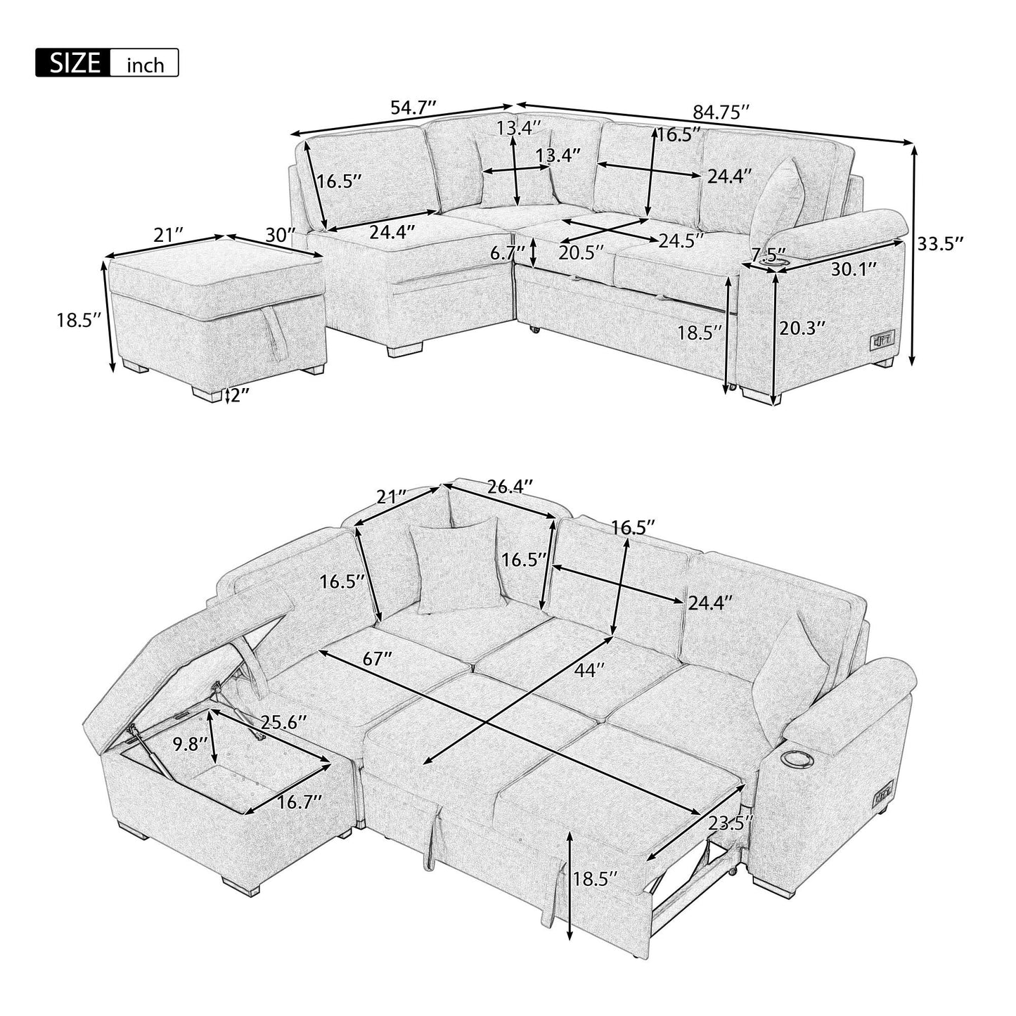 Sleeper Sofa Bed, 2 In 1 Pull Out Sofa Bed L-Shape Couch With Storage Ottoman For Living Room, Bedroom Couch And Small Apartment - Black
