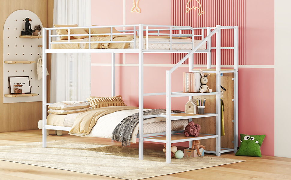 Full Over Full Bunk Bed With Lateral Storage Ladder And Wardrobe - White