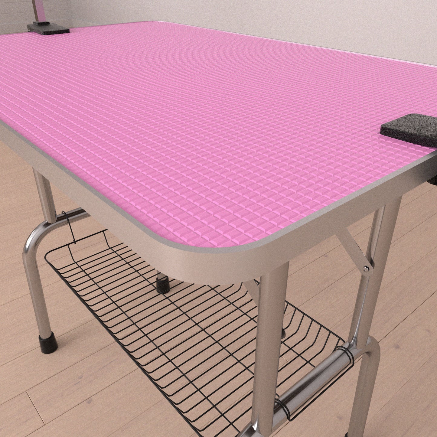 Folding Dog Pet Grooming Table Stainless Steel Frame Rubber Mat On Board, With Adjustable Arm And Clamps Pet Dog Cat Grooming Table - Pink
