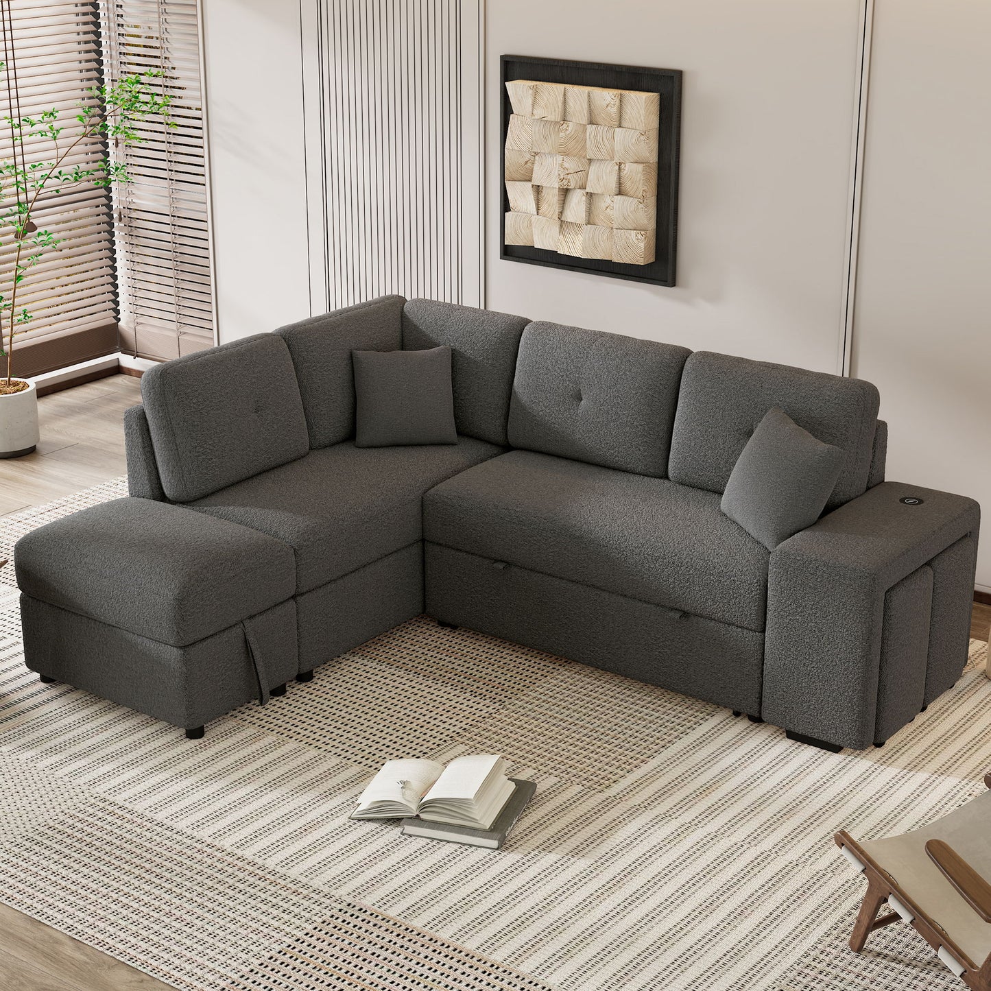 Convertible Sleeper, Sectional Pull Out Sofa Bed With Storage Ottoman, 2 Throw Pillows, 2 Stools, Wireless Charger And Two Hidden USB Ports For Living Room - Dark Gray