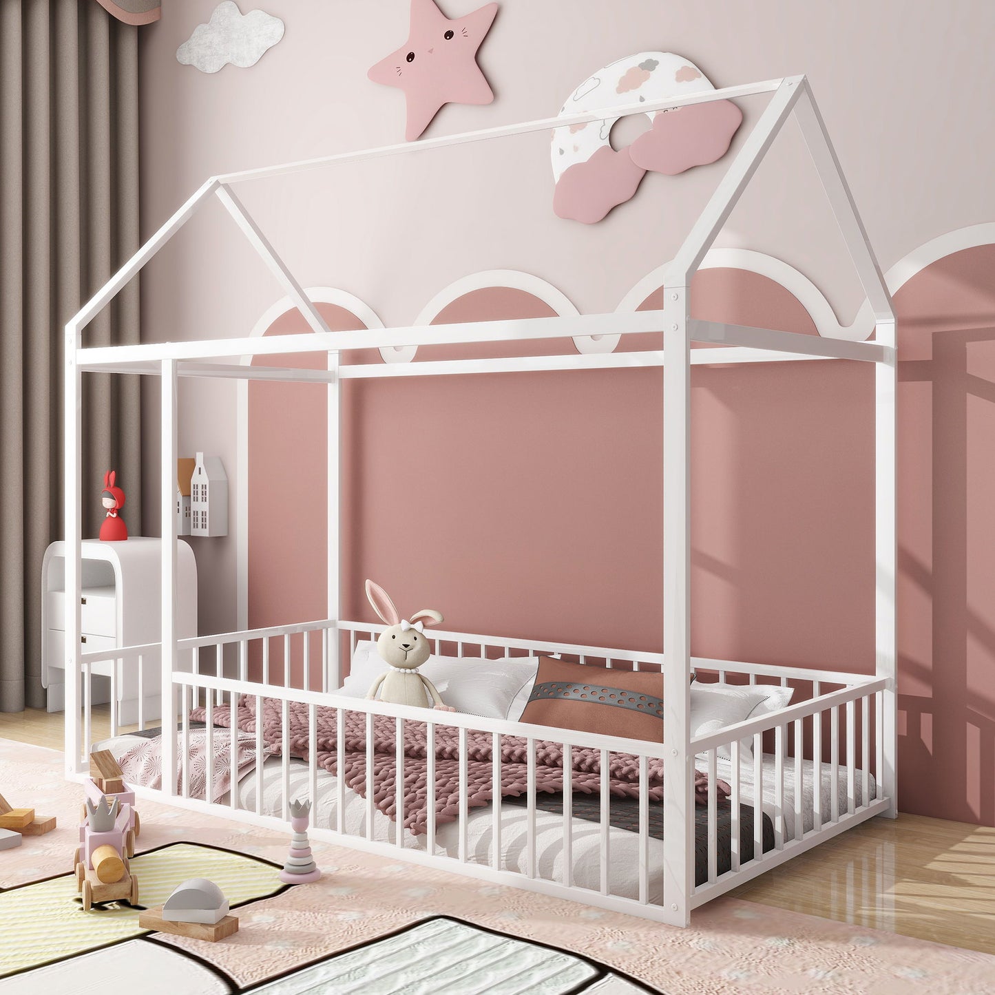 Twin Size Bed House Bed Frame With Fence - White