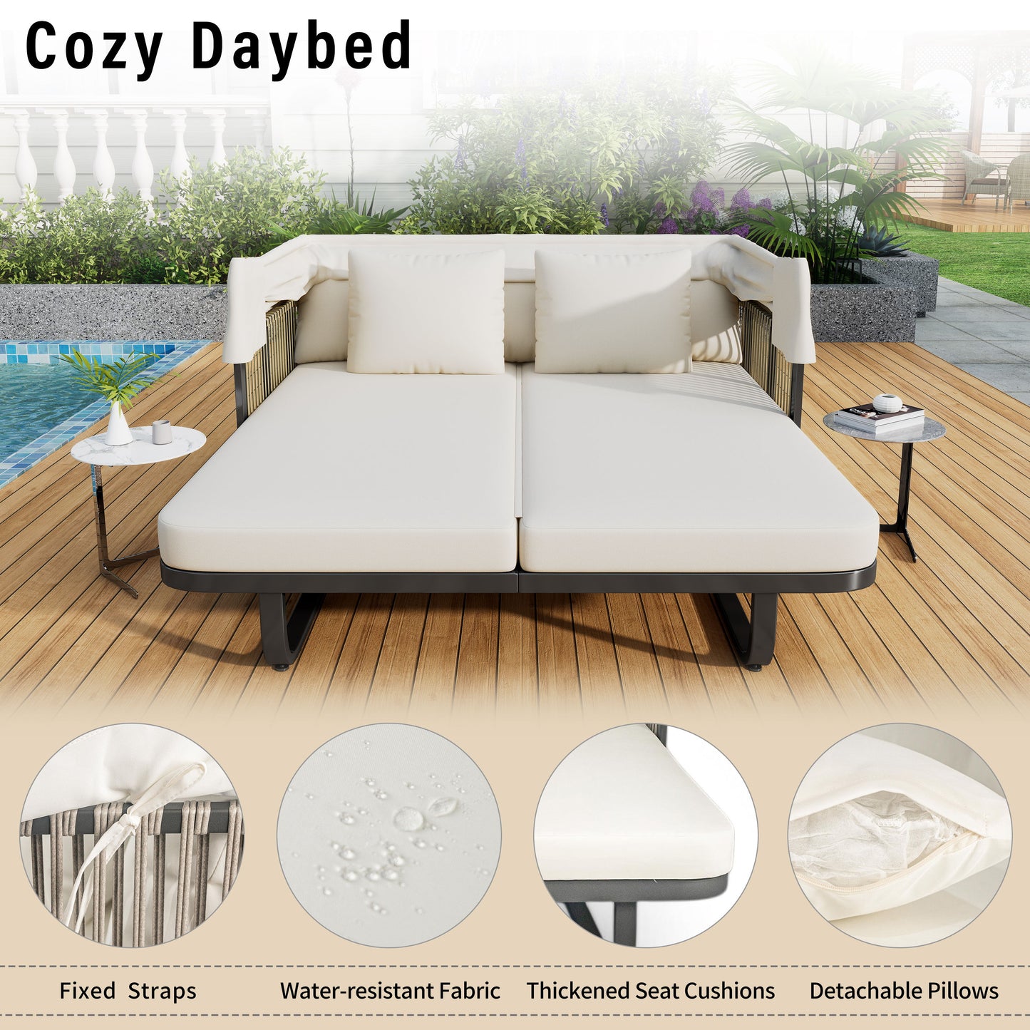Outdoor Patio Daybed Rattan Daybed Outdoor Sunbed With Detachable Pillows For Patio, Backyard, Pool - Beige