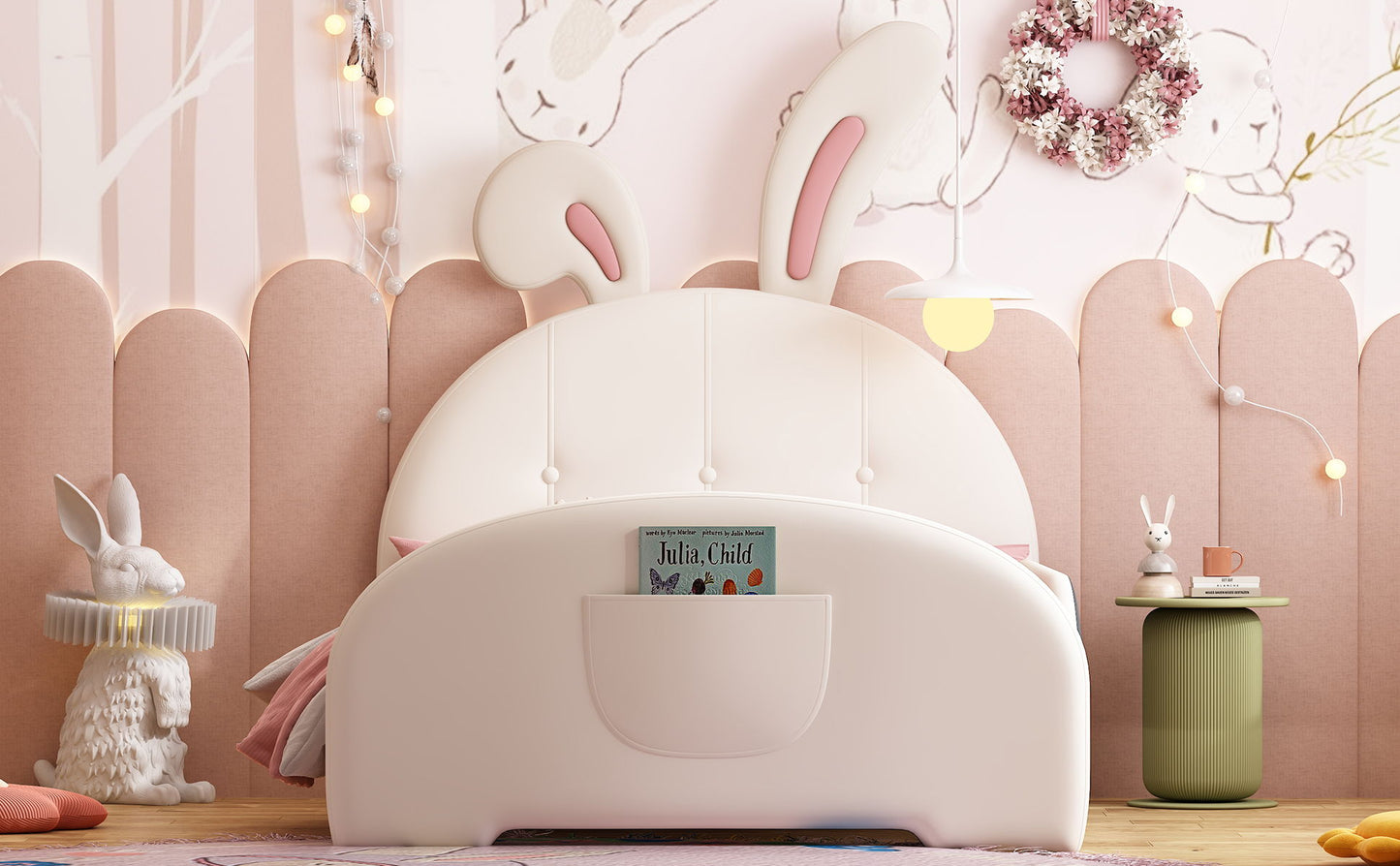 Twin Size Upholstered Rabbit-Shape Princess Bed, Twin Size Platform Bed With Headboard And Footboard - White