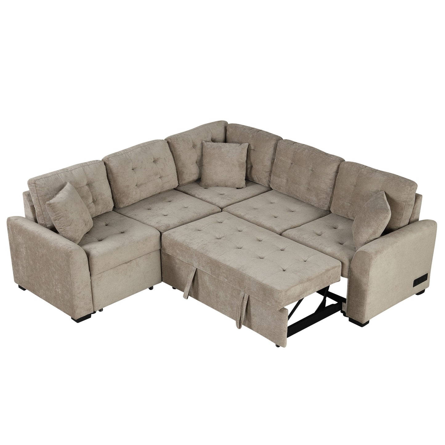 L-Shape Sofa Bed Pull-Out Sleeper Sofa With Wheels, USB Ports, Power Sockets For Living Room - Khaki