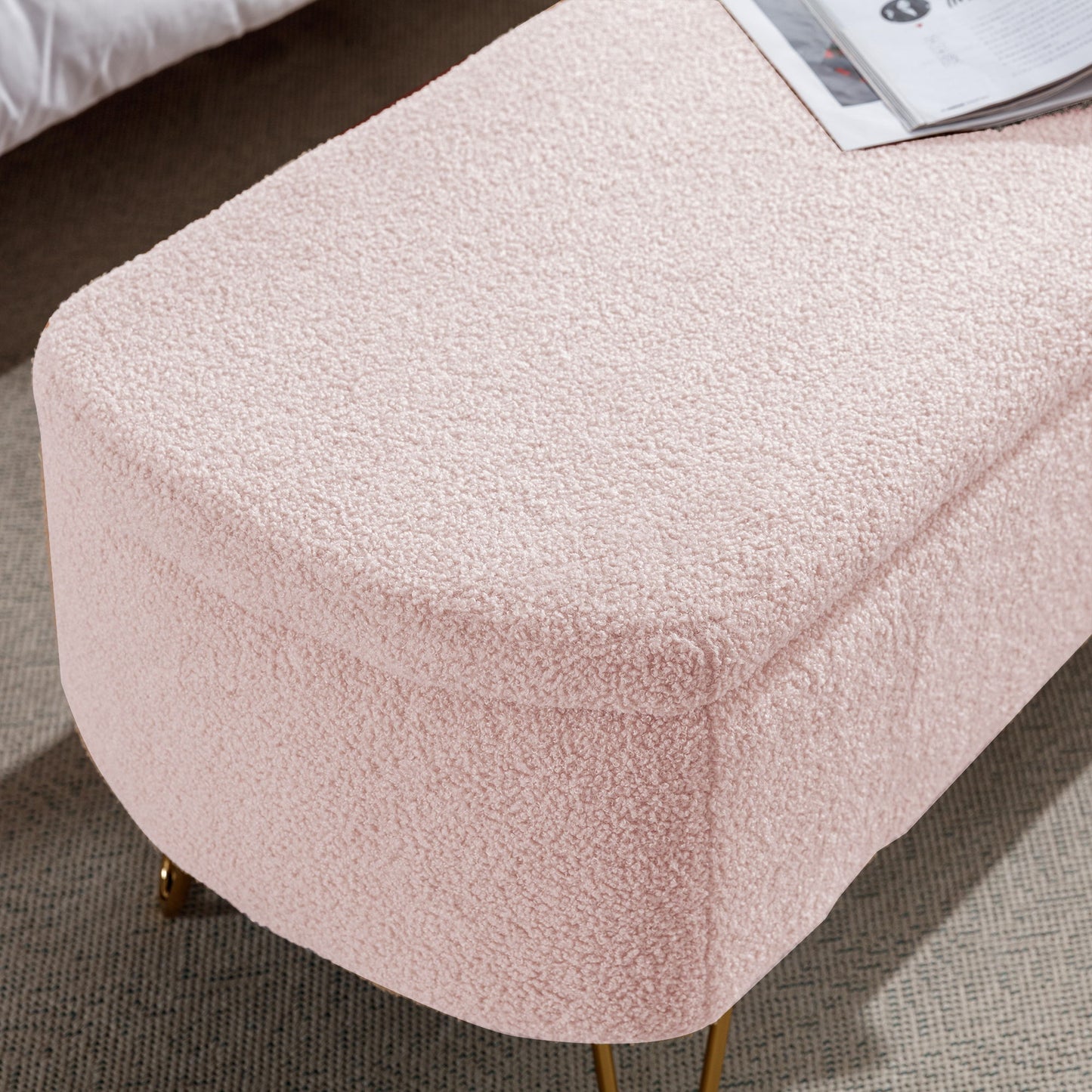 Storage Ottoman Bench For End Of Bed Gold Legs, Modern Gray Faux Fur Entryway Bench Upholstered Padded With Storage For Living Room Bedroom - Pink
