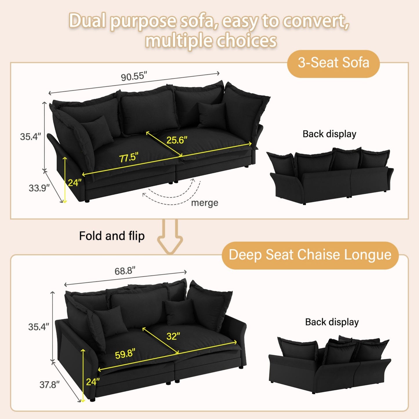 Modern Comfy Upholstered Sofa Cloud Couch, Deep Seat Couches With Multiple Large Soft Pillows, Convertible Deep Seat Chaise Longue For Living Room - Black