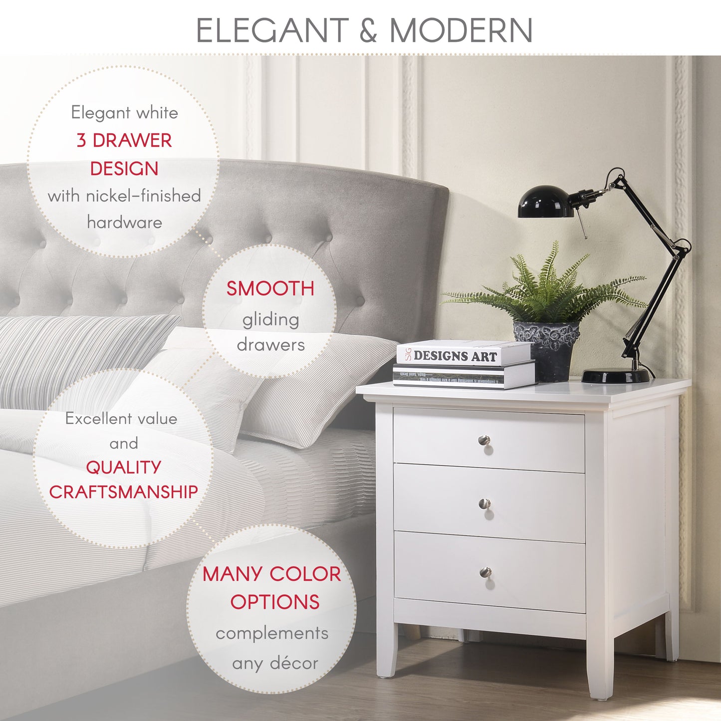 3 Drawer Nightstand - White