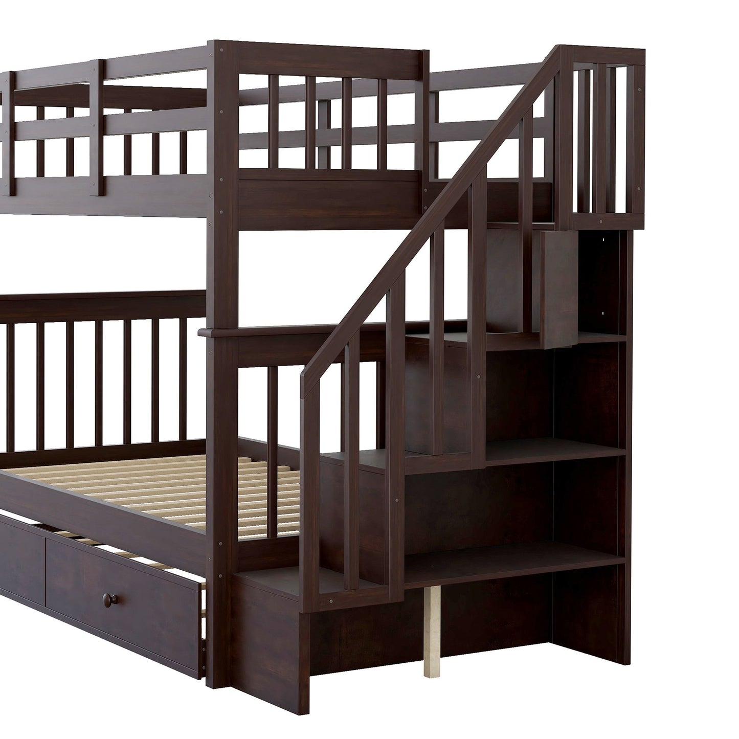 Twin Over Twin Stairway Bunk Bed With Twin Size Trundle For Bedroom - Espresso