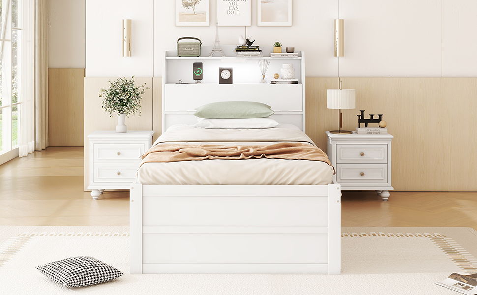 Twin Size LED Platform Bed With Trundle With Storage Headboard With Drawers - White