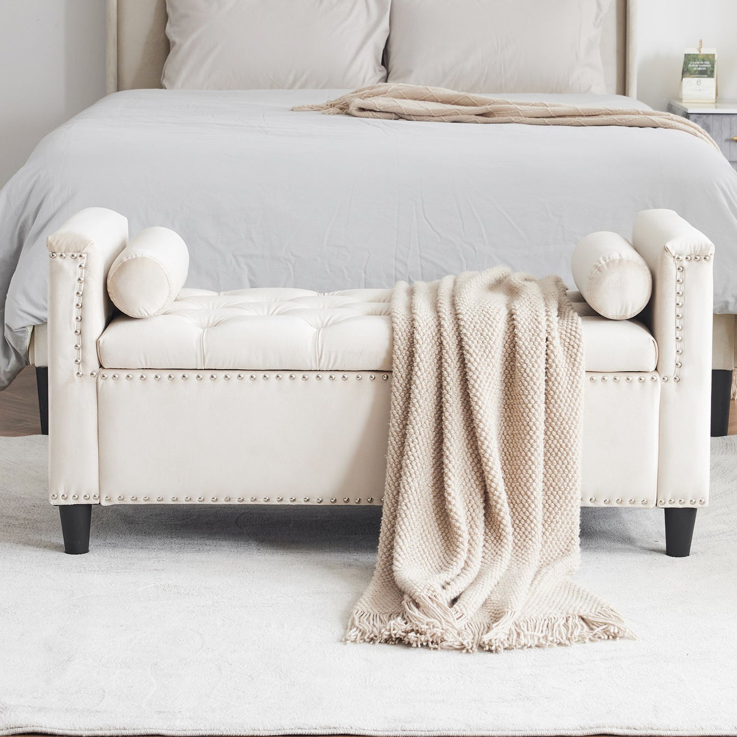 Storage Bench, Queen Velvet Button Bedside Bench, Entryway Living Room With Armrests, Nailhead Trim, Upholstered Bedroom Bench, Bedside Ottoman, Living Room, Entryway - Cream