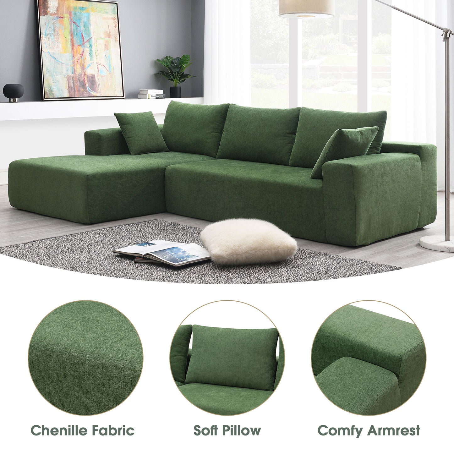 Modular Sectional Living Room Sofa Set, Modern Minimalist Style Couch, Upholstered Sleeper Sofa Salon, 2 Piece Free Combination, L-Shape - Green