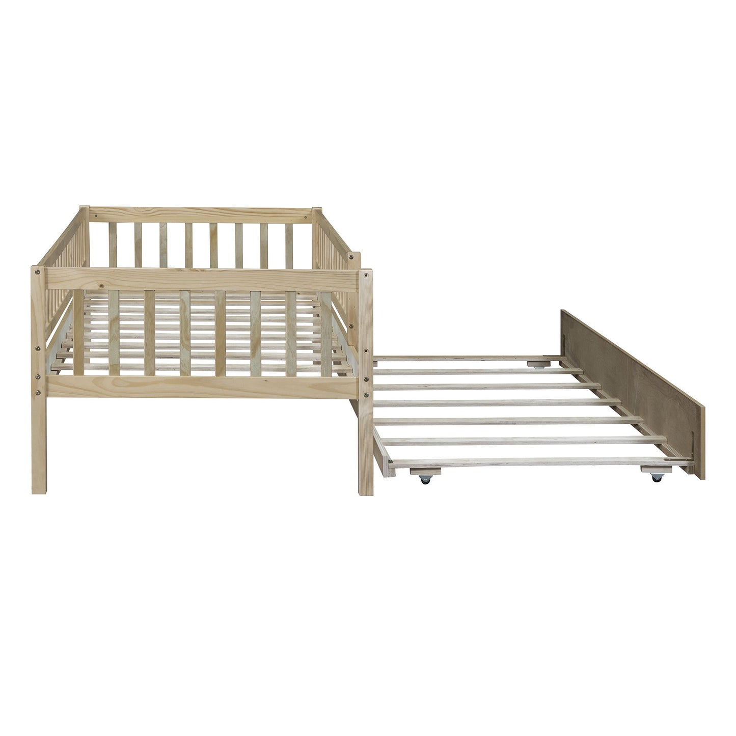 Twin Size Daybed With Trundle And Fence Guardrails - Natural
