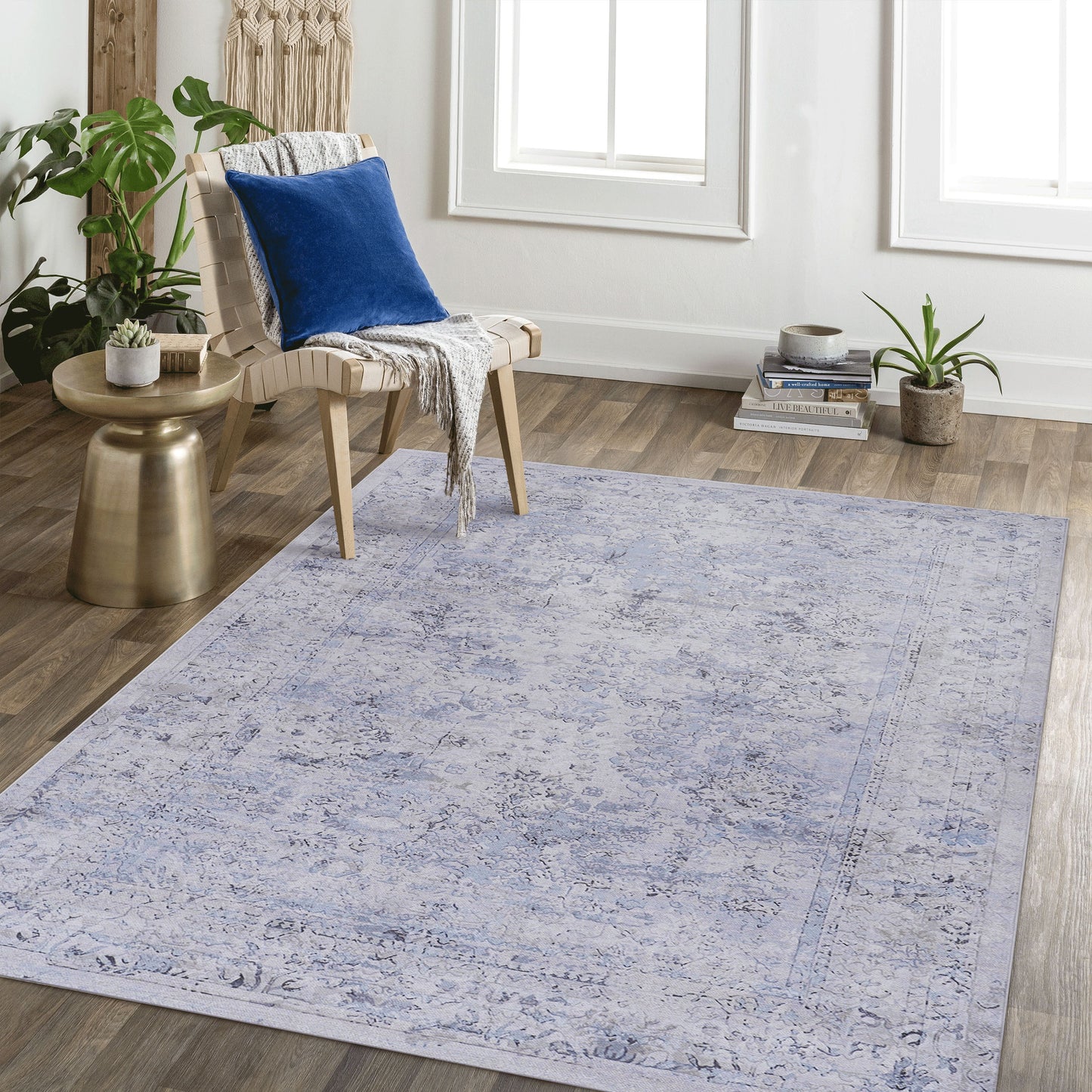 Maval - 9' X 12' Washable Area Rug - Blue / Cream
