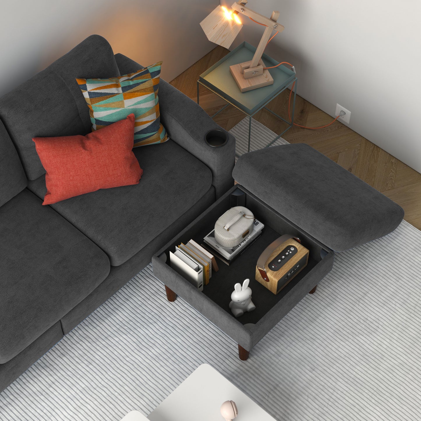 Convertible Combo Sofa, Sofa L Shaped, Sofa With Storage Cabinet Footstool, Living Room Sofa, Living Room 3 Seat Combo Sofa - Dark Gray