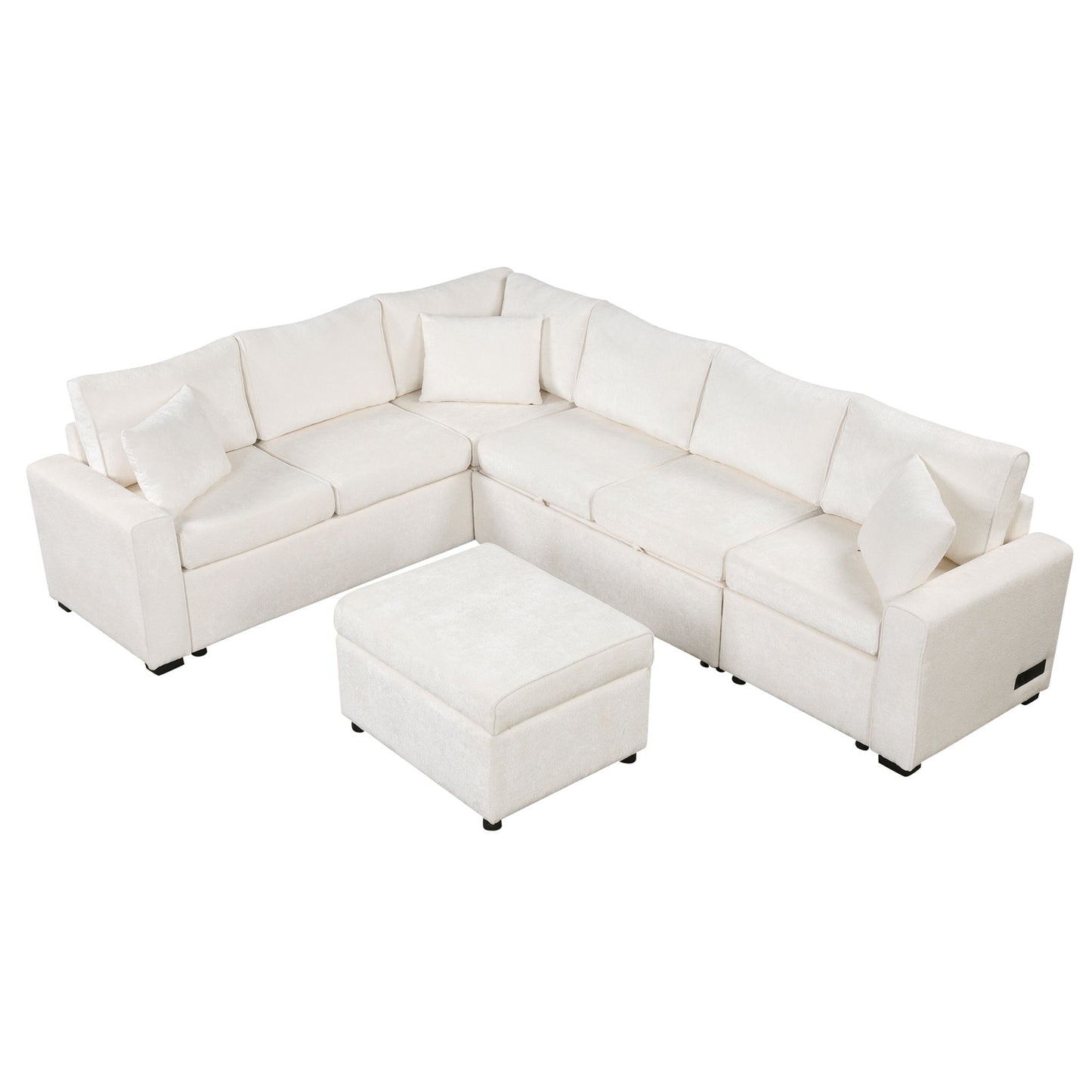 Sectional Sofa Pull-Out Sofa Bed Sleeper With A Storage Ottoman, Three Pillows And Charging Devices For Living Room - Cream