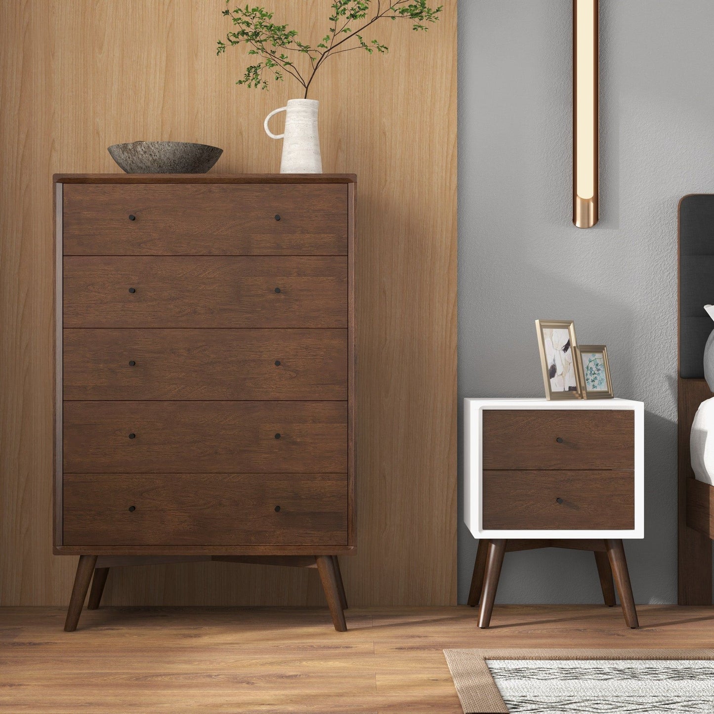 Caroline - Mid-Century Modern Style White Night Stand 2 Drawer - Dark Brown / White