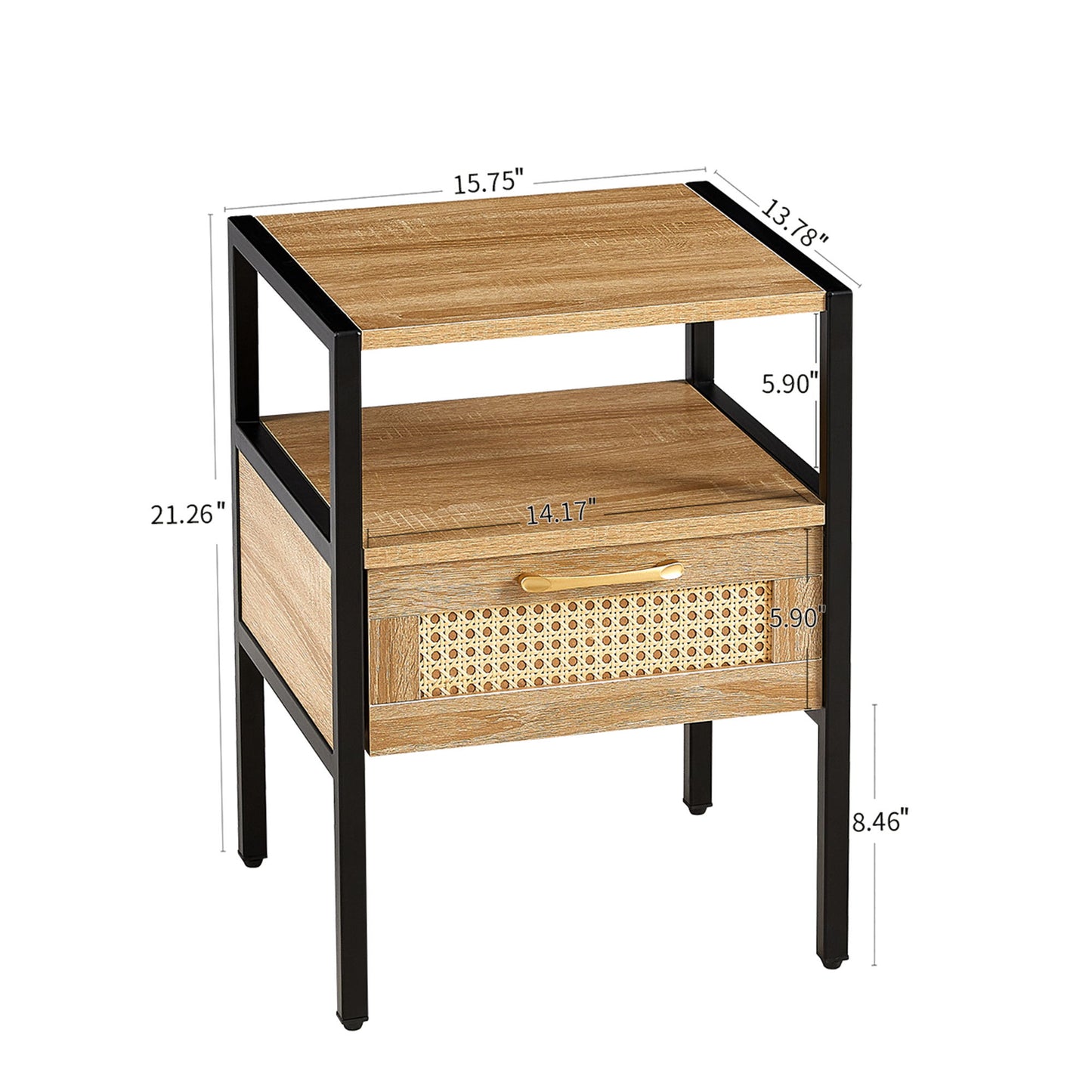 Rattan End Table With Drawer, Modern Nightstand, Metal Legs, Side Table For Living Room, Bedroom - Natural