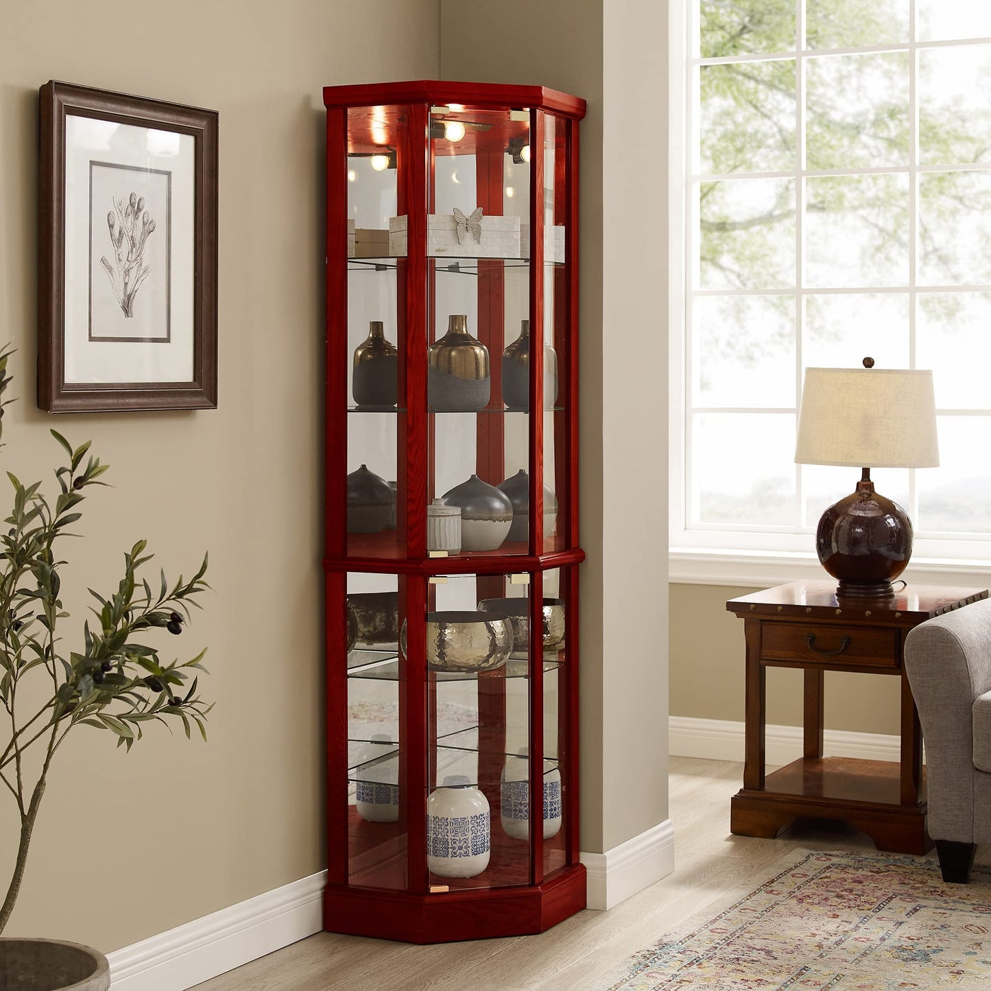 6 Shelf Lighted Corner Curio Cabinet With Adjustable Tempered Glass Shelves And Mirror Back (E26 Light Bulb Not Included) - Cherry