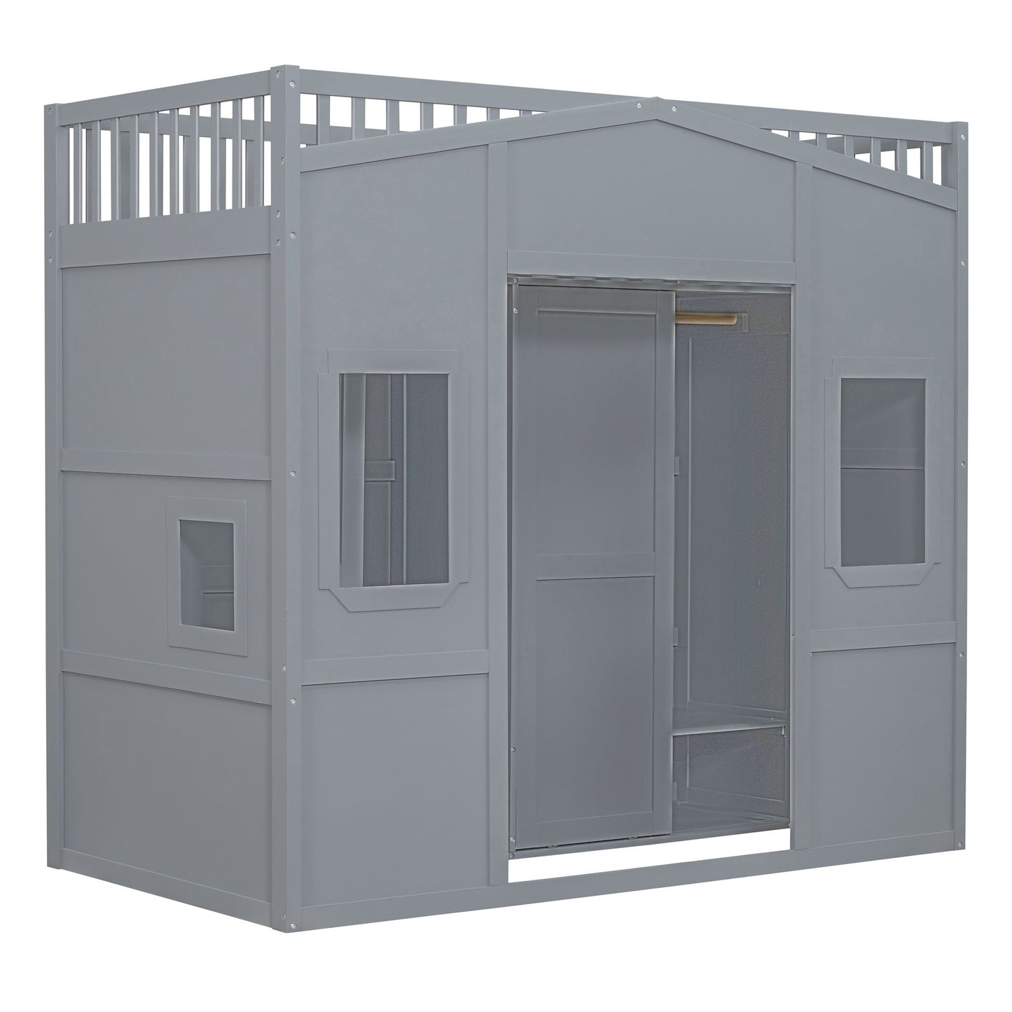 Twin Size House Loft Bed With Ladder And Wardrobe - Gray