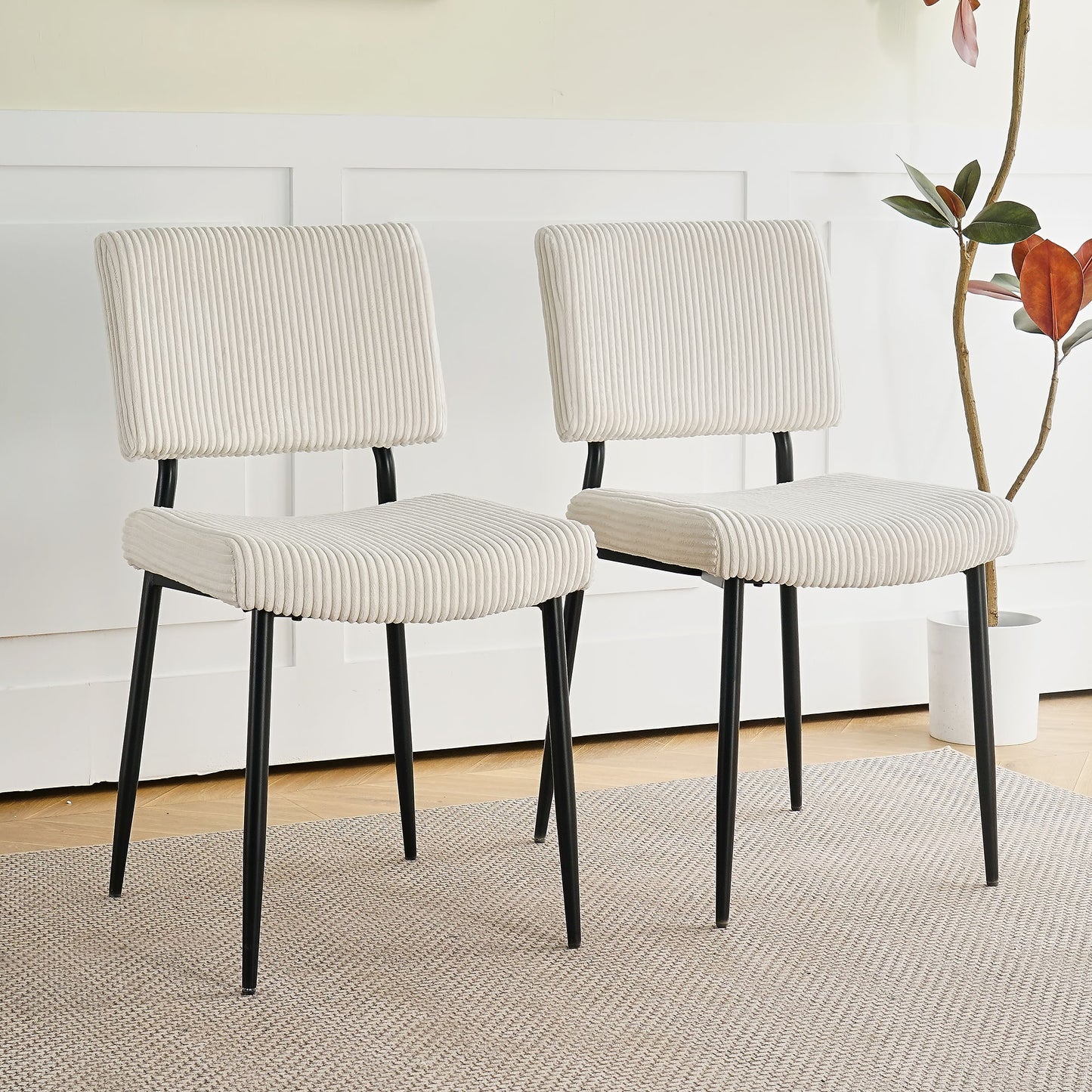 Modern Dining Chair Fabric Upholstered Chairs With Black Metal Legs For Home And Bedroom (Set of 2) - Beige