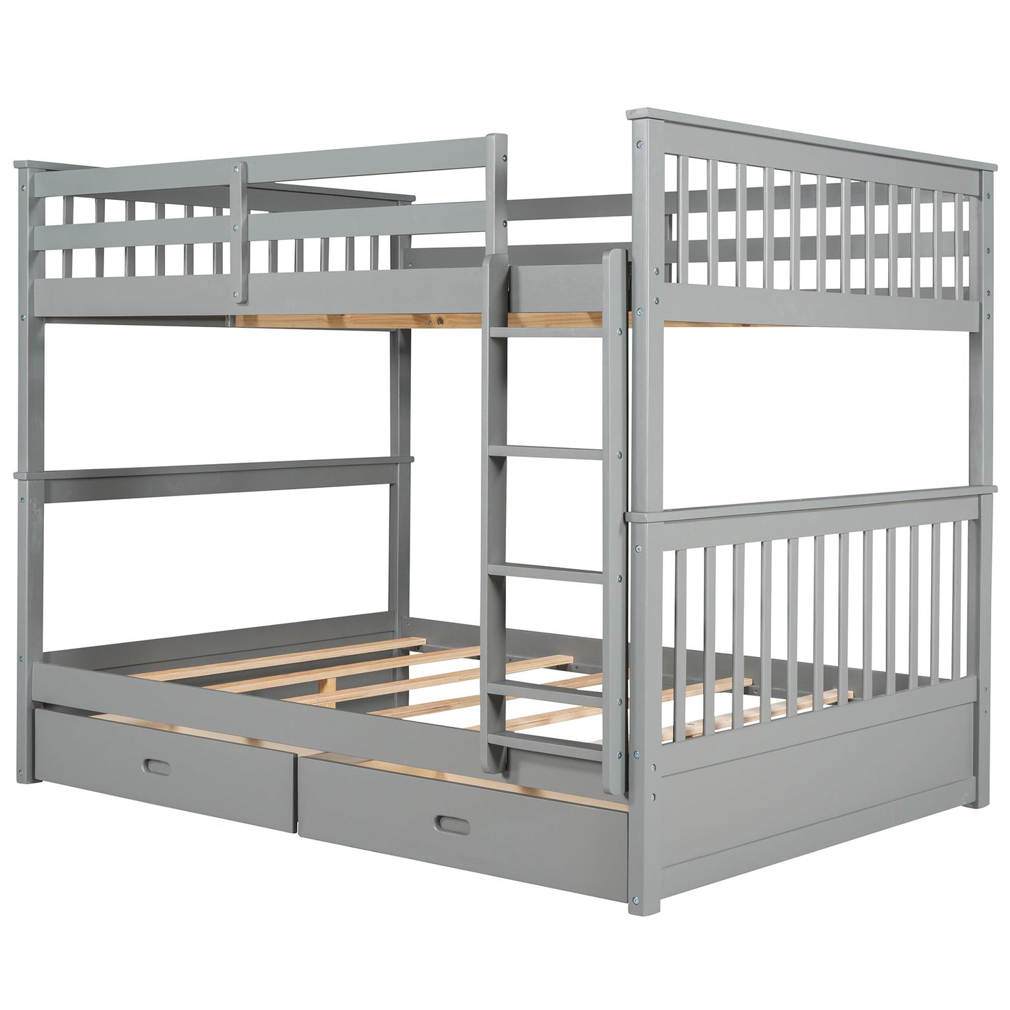 Full Over Full Bunk Bed With Ladders And 2 Storage Drawers - Gray