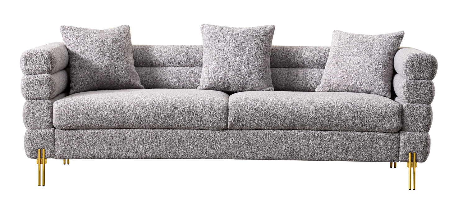 Luxurious And Comfortable Upholstered Sofa With Golden Legs And Pillows For Living Room And Reception Area - Gray