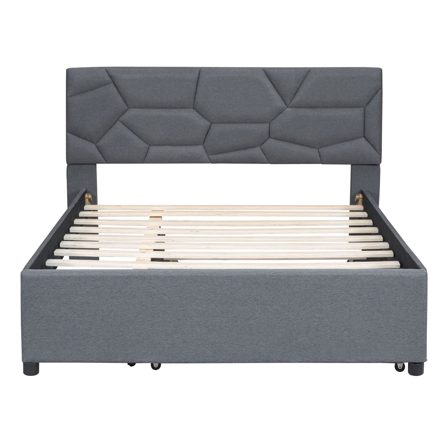 Full Size Upholstered Platform Bed With Brick Pattern Headboard And Twin Size Trundle - Gray