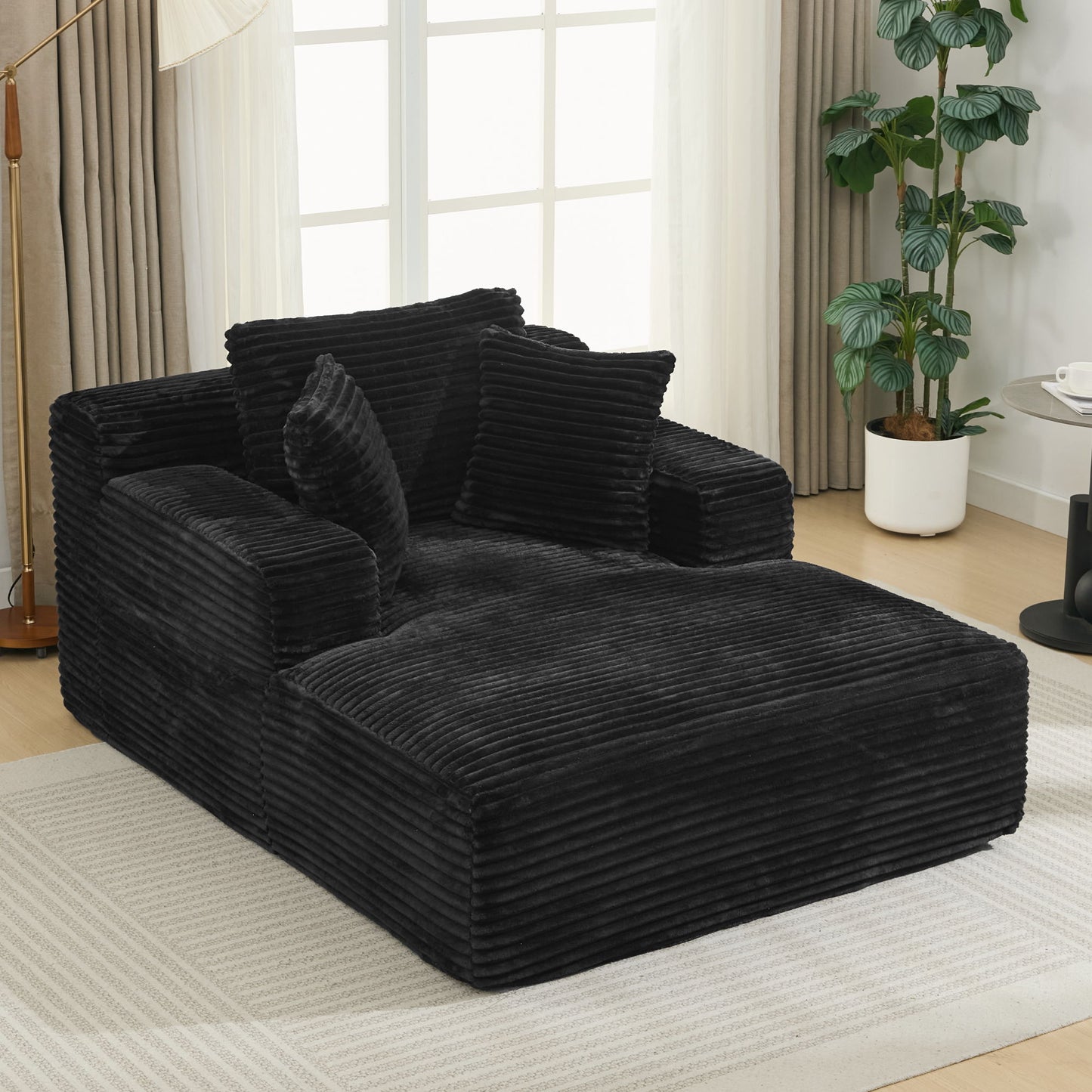 Modern Corduroy Chaise Lounge Sofa Bed With Removable Pillows, Upholstered Sleeper Sofa - Black