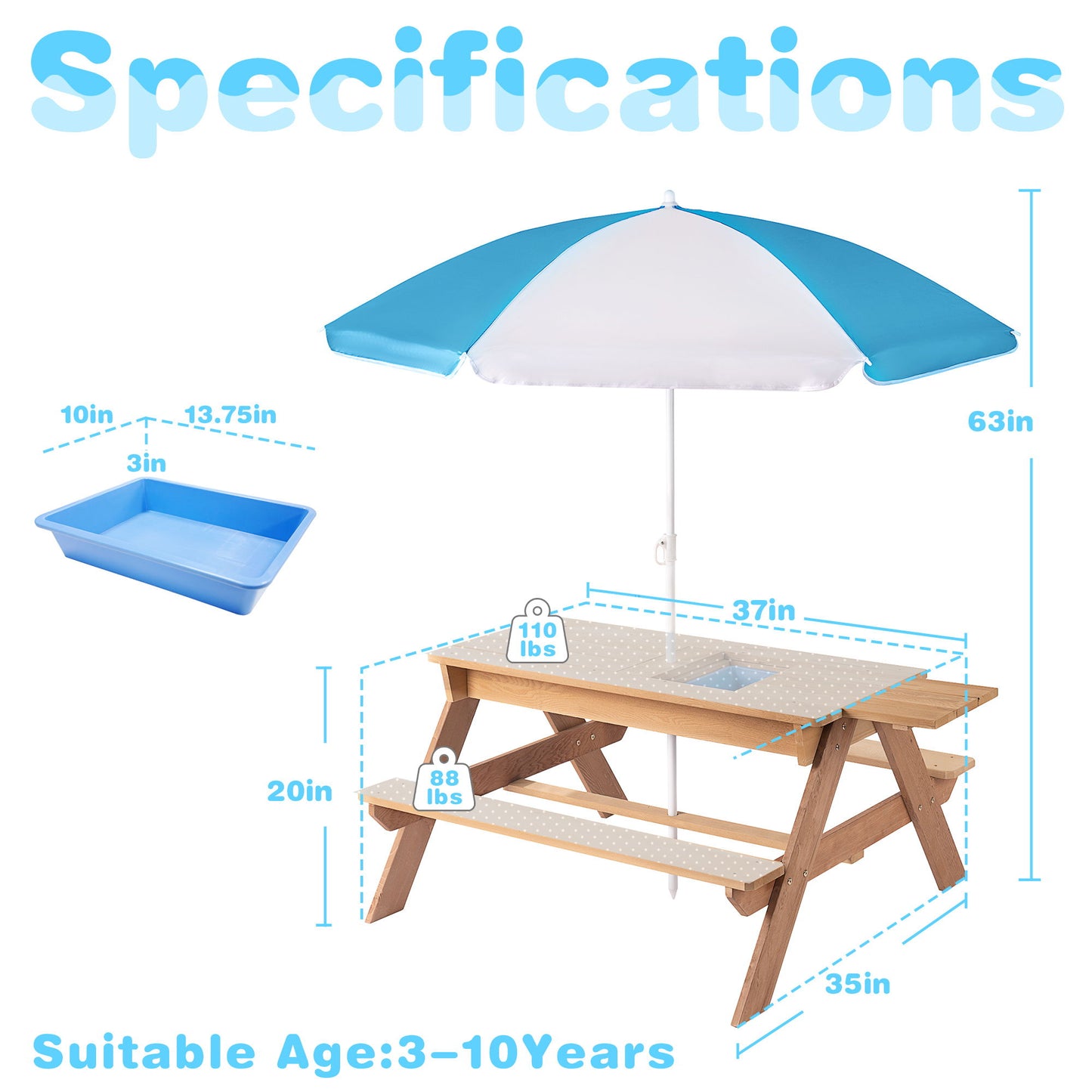 3-In-1 Kids Outdoor Wooden Picnic Table With Umbrella, Convertible Sand & Water, ASTM & CPSIA Certification - Natural Wood