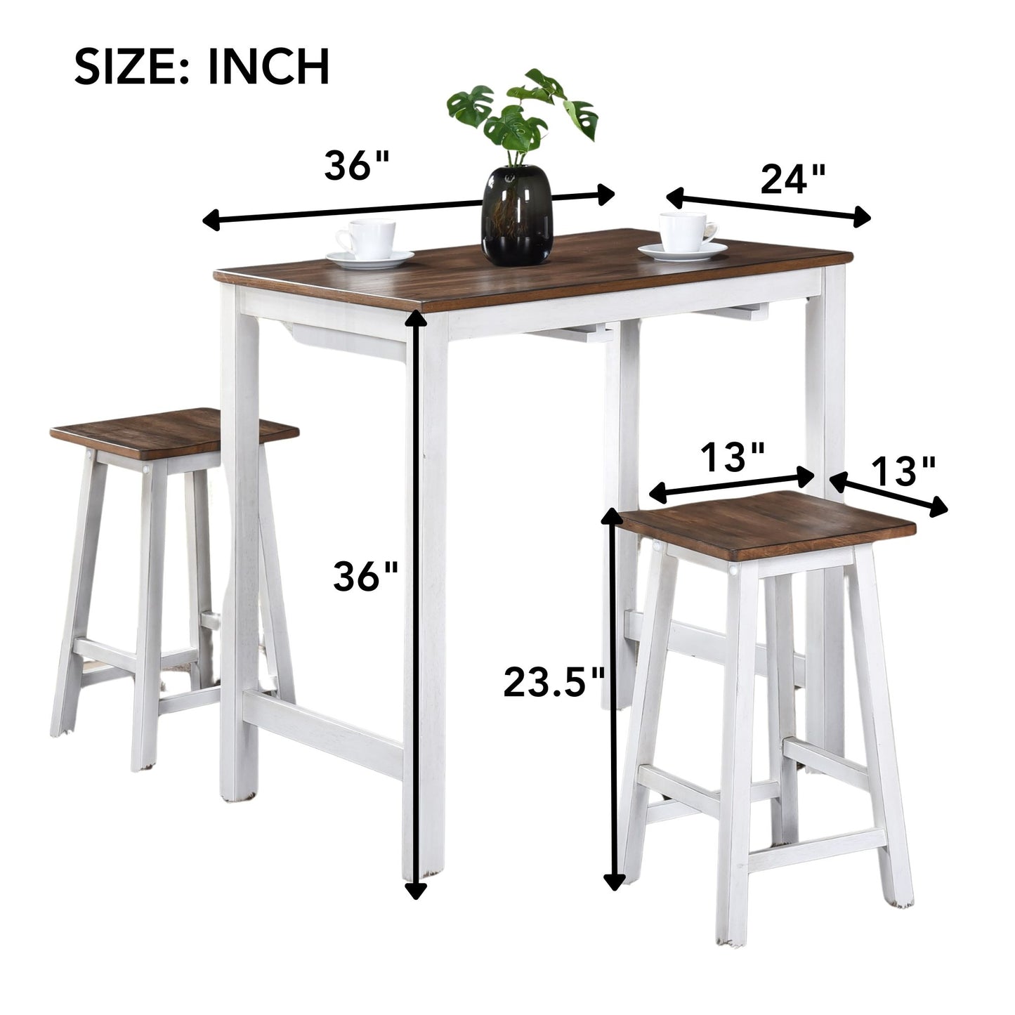 3 Pieces Counter Set Hanging Stool Easy To Clean For Small Space - Antique Dark Oak / Antique White