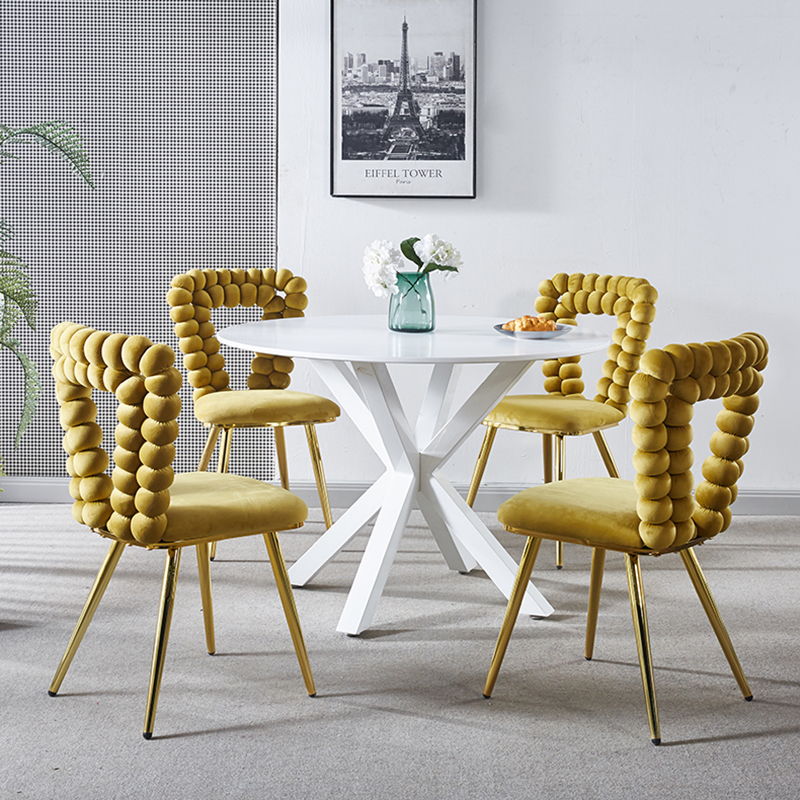 Modern Chair With Iron Tube Legs, Soft Cushions And Comfortable Backrest, Suitable For Dining Room, Living Room, Cafe, Hairball Back (Set of 2) - Yellow