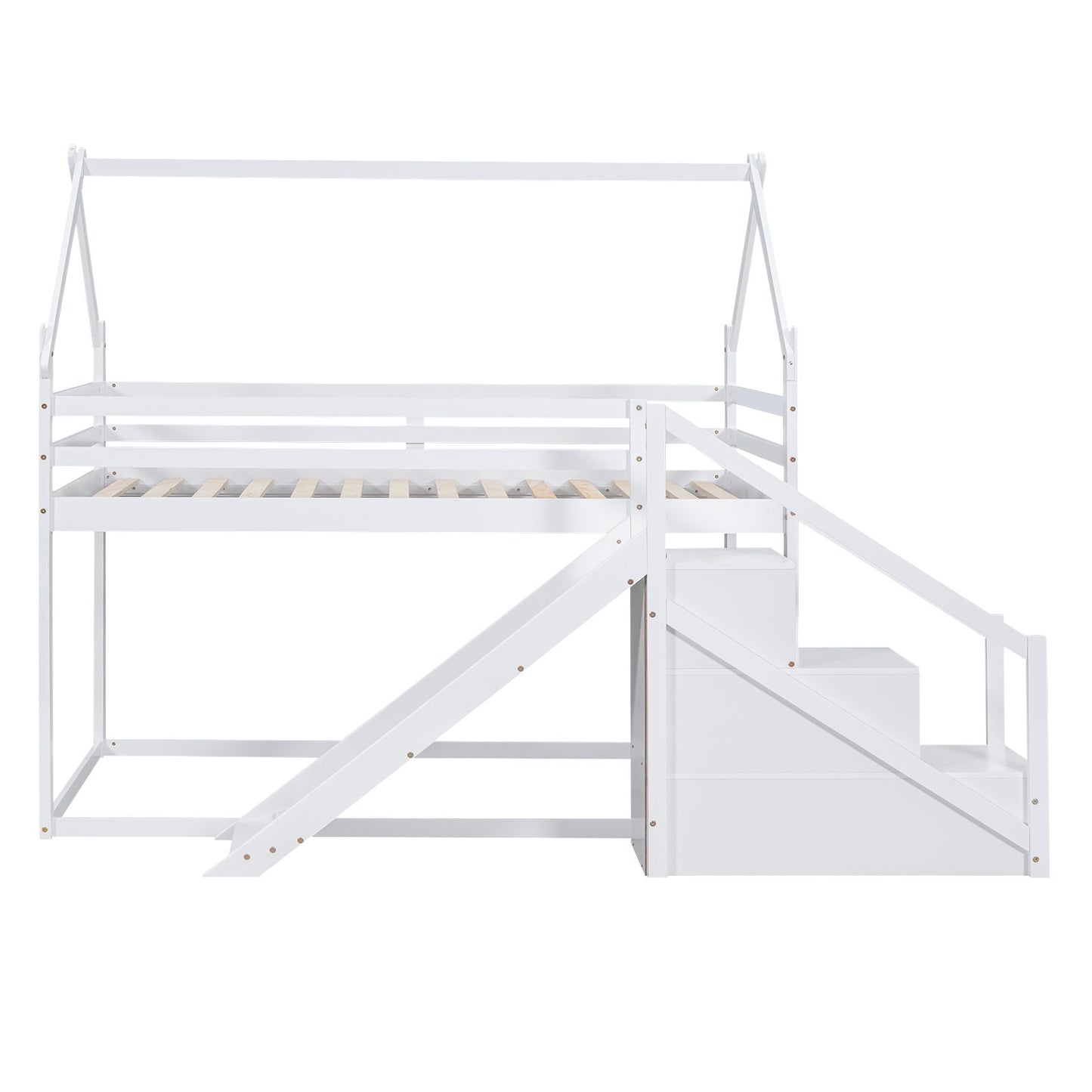 Twin Over Twin House Loft Or Bunk Bed With Slide And Staircase - White