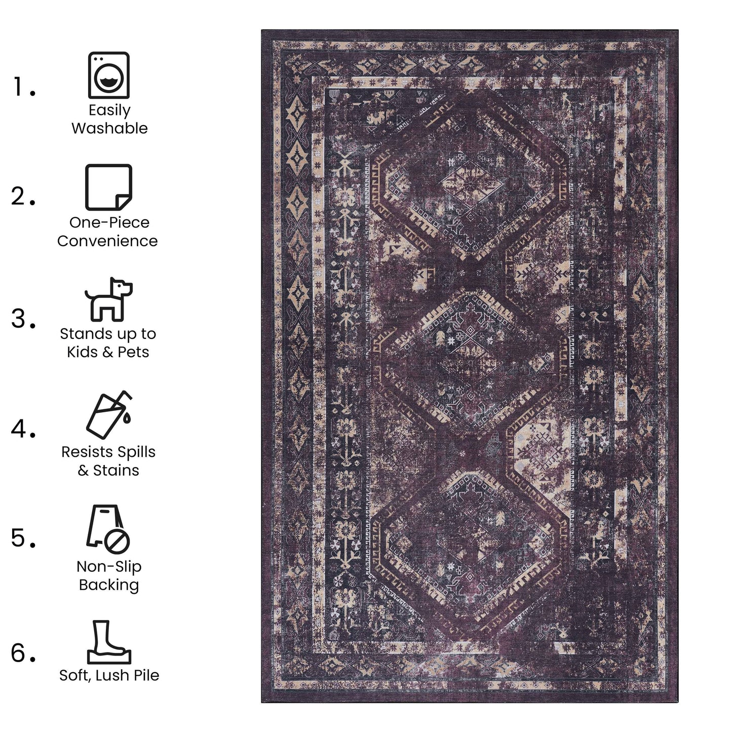 Maval - 2' X 3' Washable Area Rug - Black / Burgundy