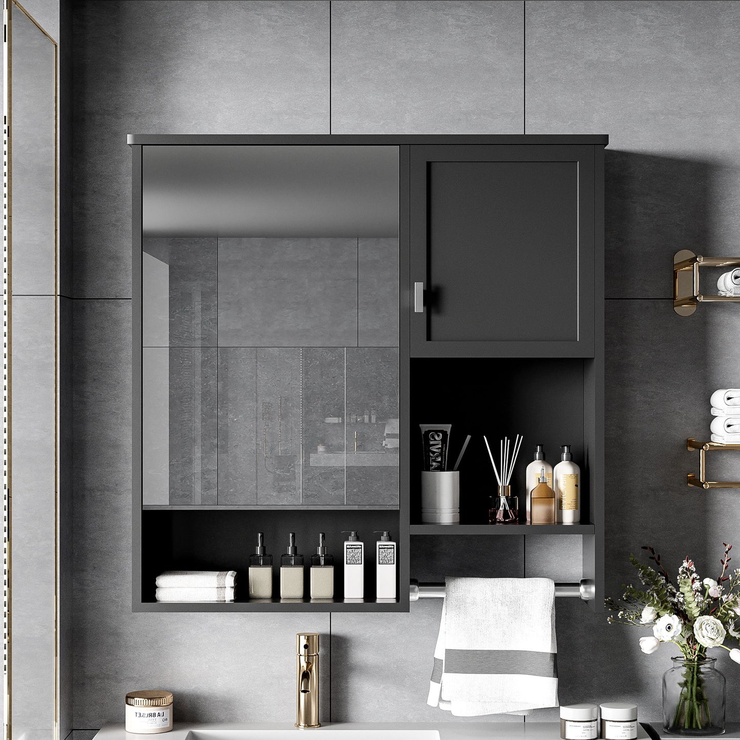 Modern Wall Mounted Bathroom Medicine Cabinet, Bathroom Wall Storage Cabinet With Mirror, Over The Toilet Space Saver Cabinet With Towels Bar - Black