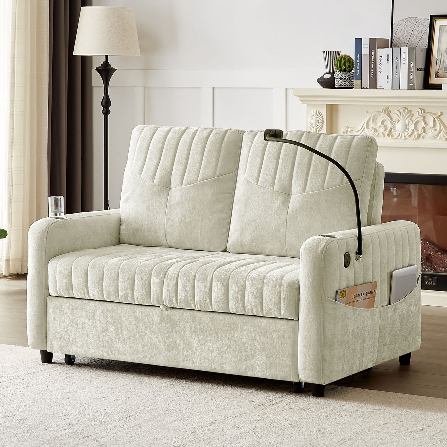 Modern Loveseat Pull Out Sofa Bed With Adjustable Backrest, Two Cup Holders, A Phone Holder, Three Charging Ports And Side Storage Pockets For Living Room - Beige