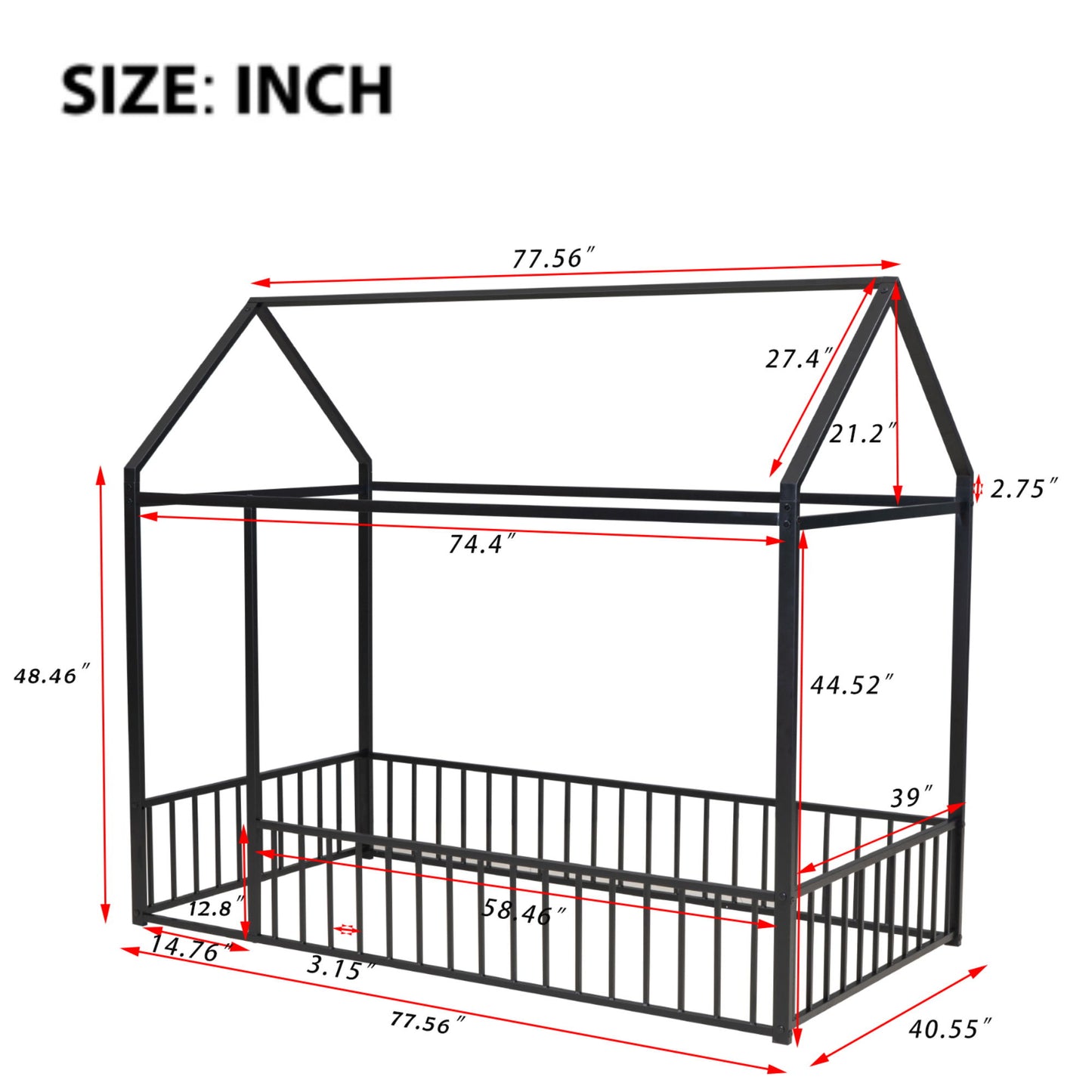 Twin Size Bed House Bed Frame With Fence - Black