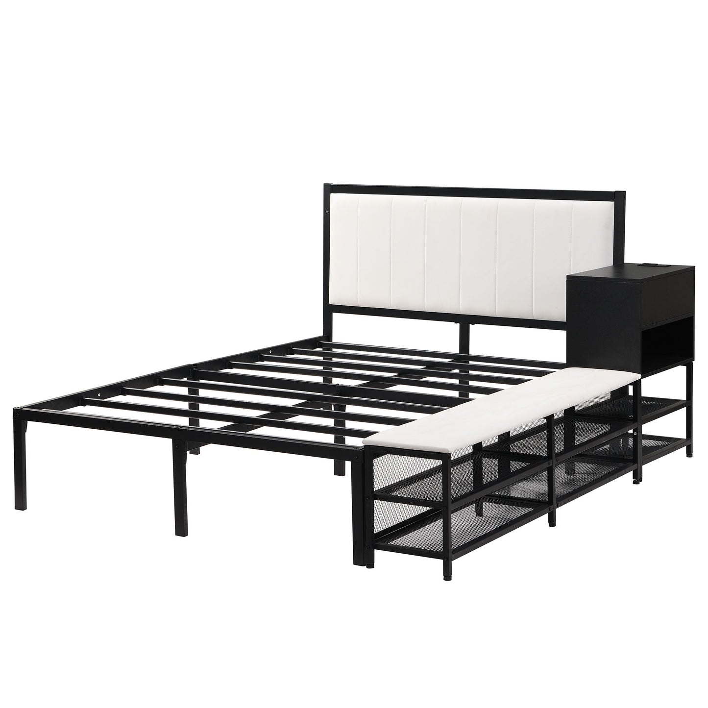 Full Size Platform Bed With 2 Tier Storage Shelves, Storage Cabinet - Black