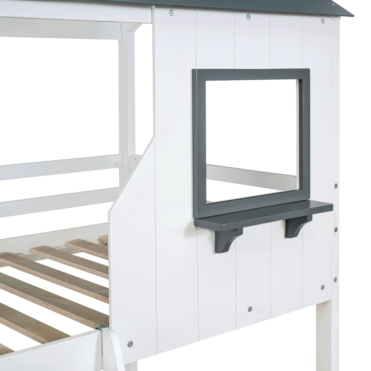 Twin Over Twin Bunk Bed Bed With Roof, Window, Guardrail, Ladder - White