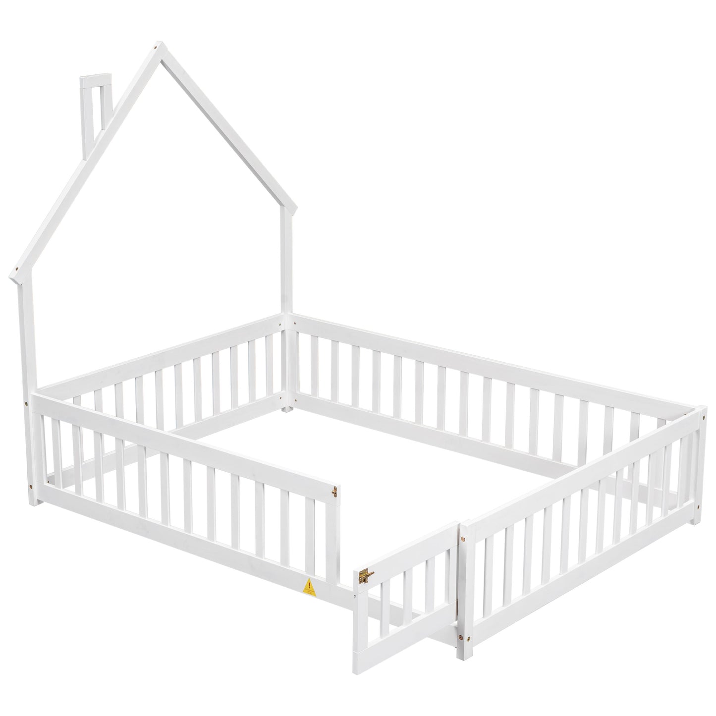 Full House-Shaped Headboard Floor Bed With Fence - White
