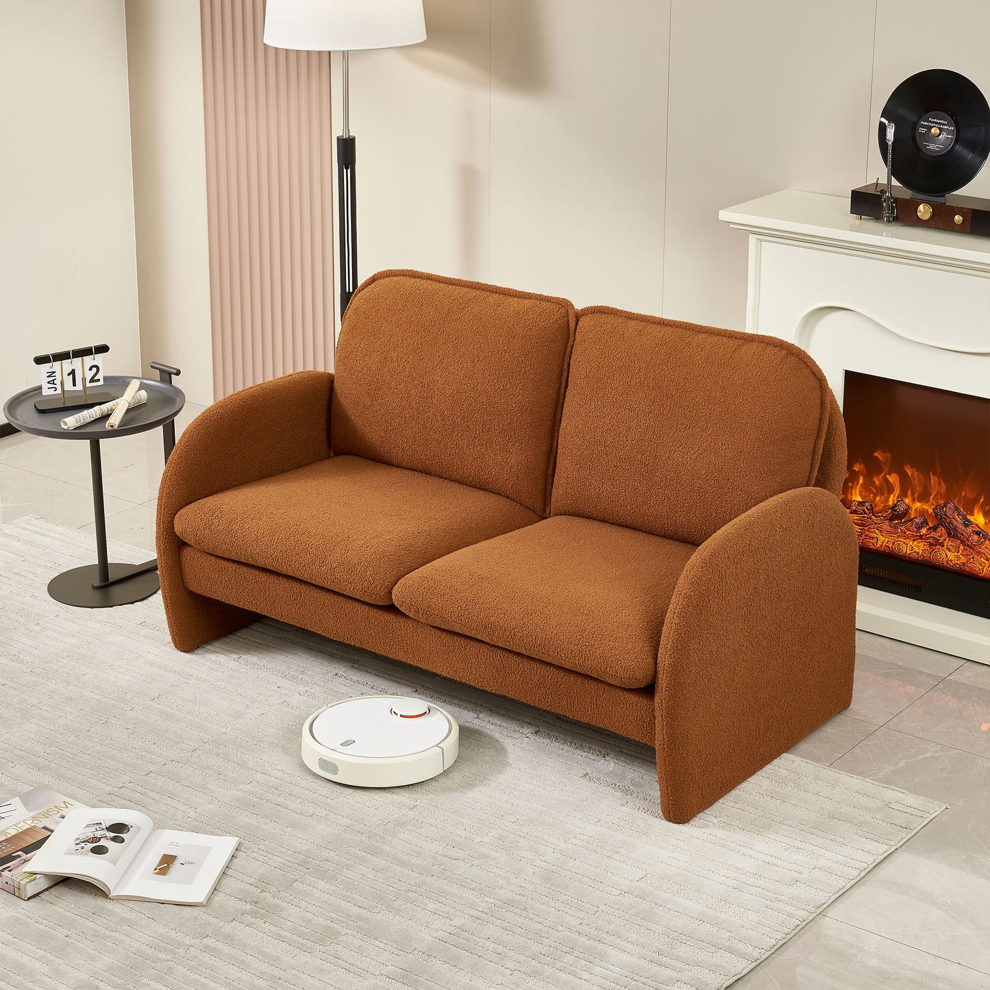 Loveseat Sofa Small Couch For Living Room, Sherpa Fabric Upholstered Loveseat Sofa Couch, Small Loveseat Sofa For Apartment, Bedroom - Orange
