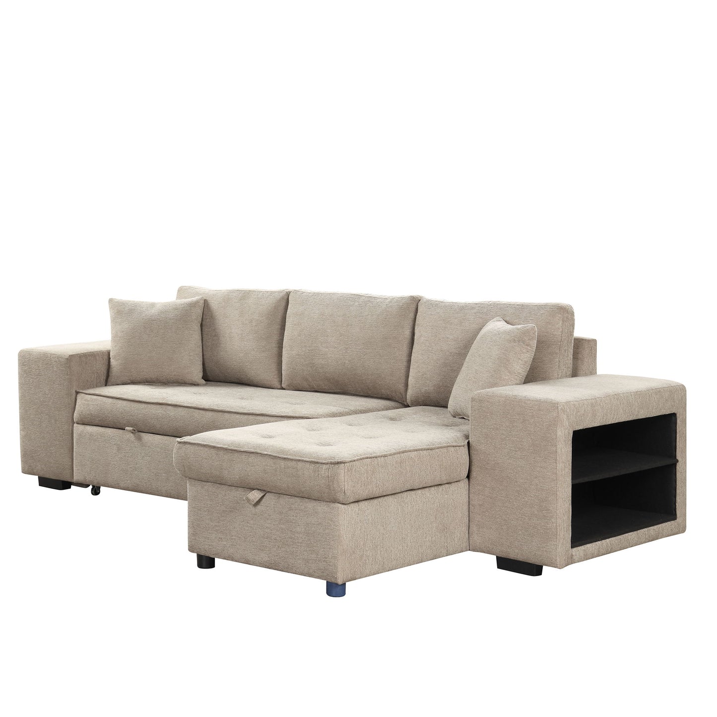 Modern L-Shape 3 Seat Reversible Sectional Couch, Pull Out Sleeper Sofa With Storage Chaise And 2 Stools For Living Room Furniture Set - Cream