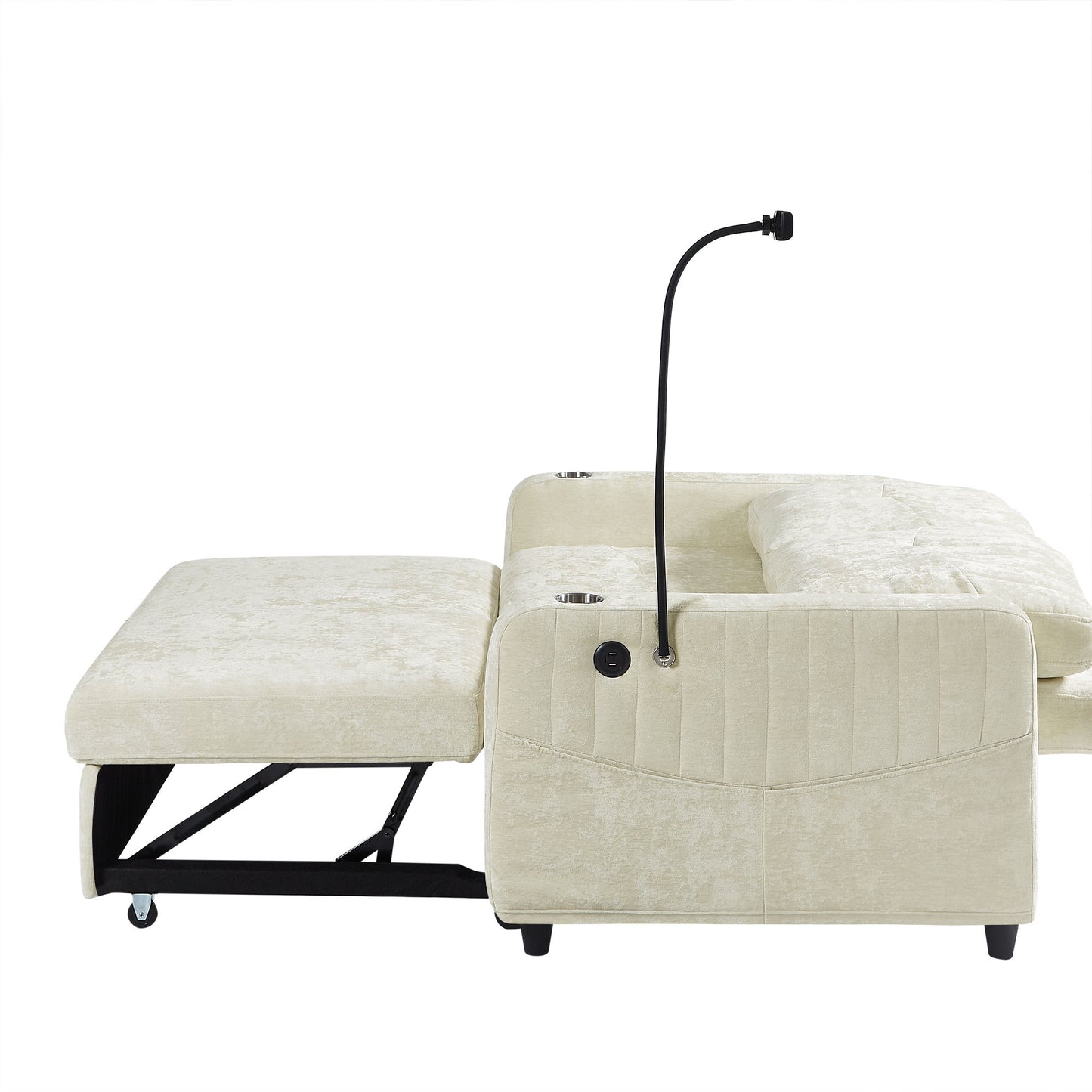 Modern Loveseat Pull Out Sofa Bed With Adjustable Backrest, Two Cup Holders, A Phone Holder, Three Charging Ports And Side Storage Pockets For Living Room - Beige
