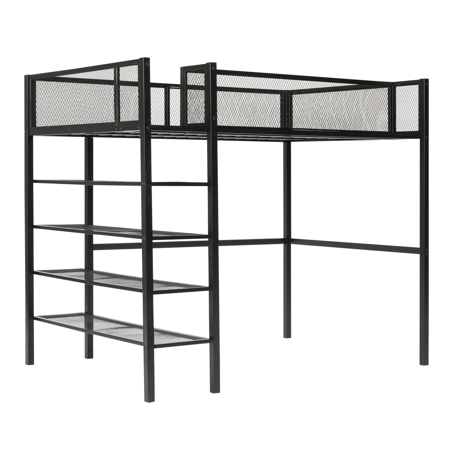 Twin Size Loft Bed With 4 Tier Shelves And Storage - Black