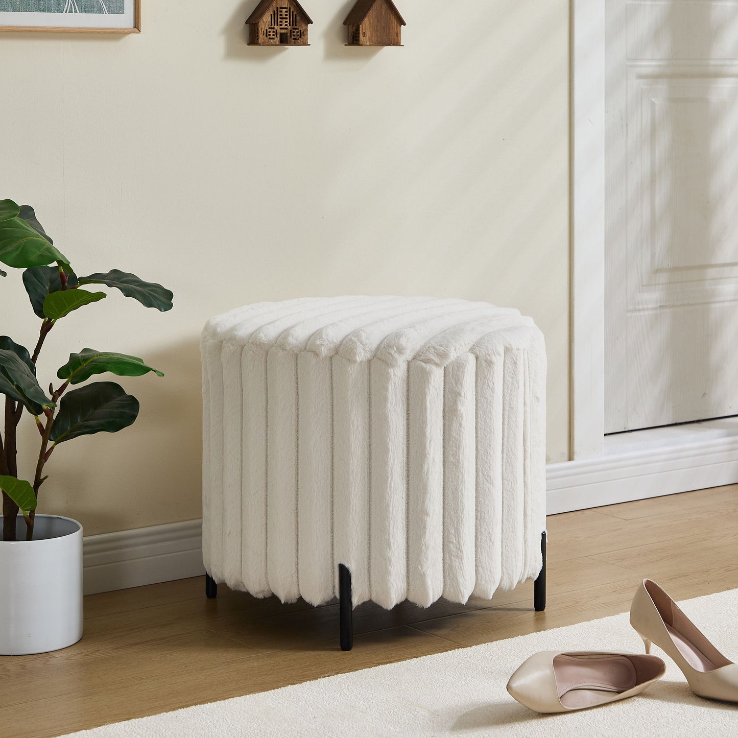Upholstered Round Pouf Ottoman Foot Rest With - Beige
