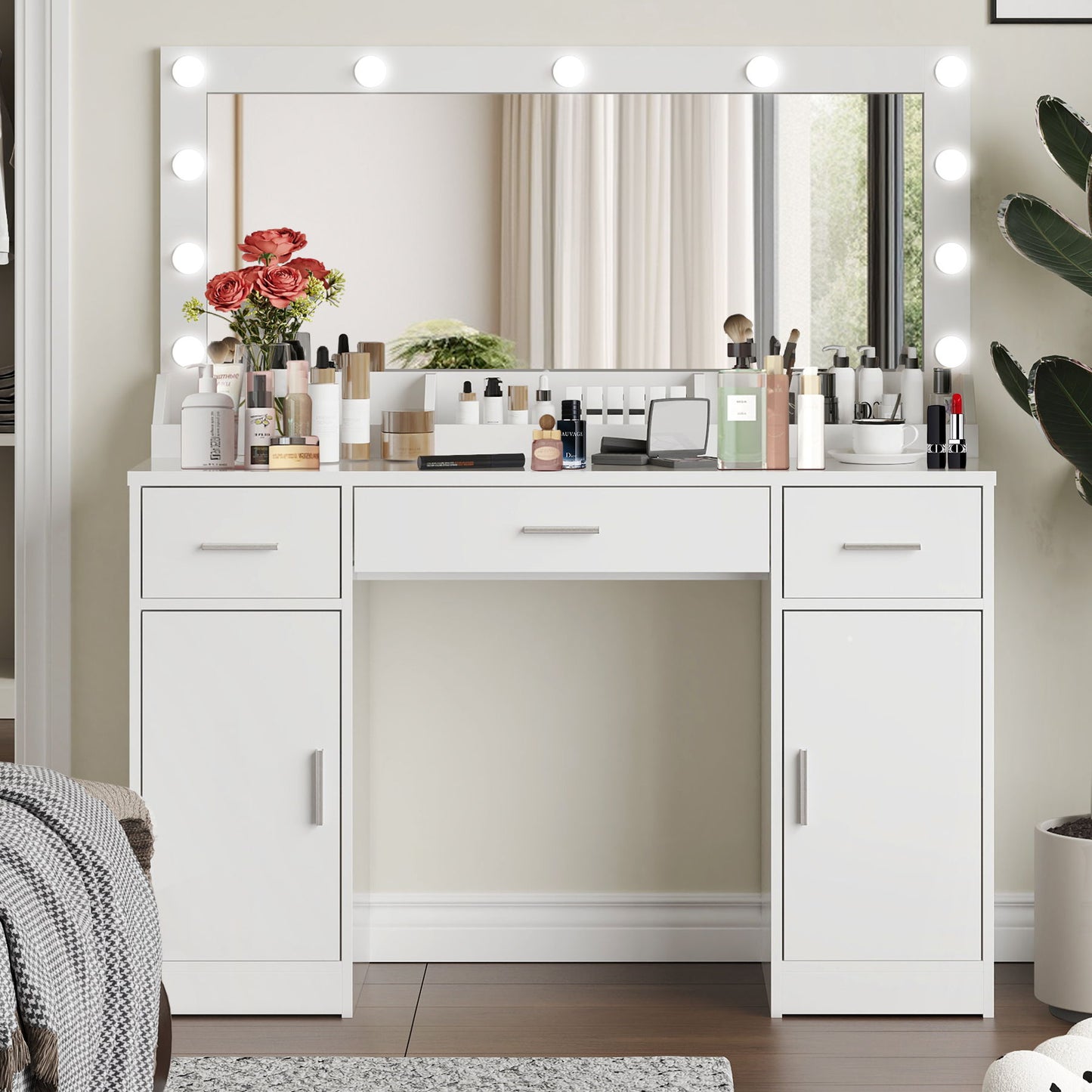 47.2" Vanity Desk With Large Mirror, 3 Colour Lighting Modes, Adjustable Brightness, Dresser With 3 Drawers & 2 Vertical Cabinets, Makeup Vanity Table For Women & Girls - White