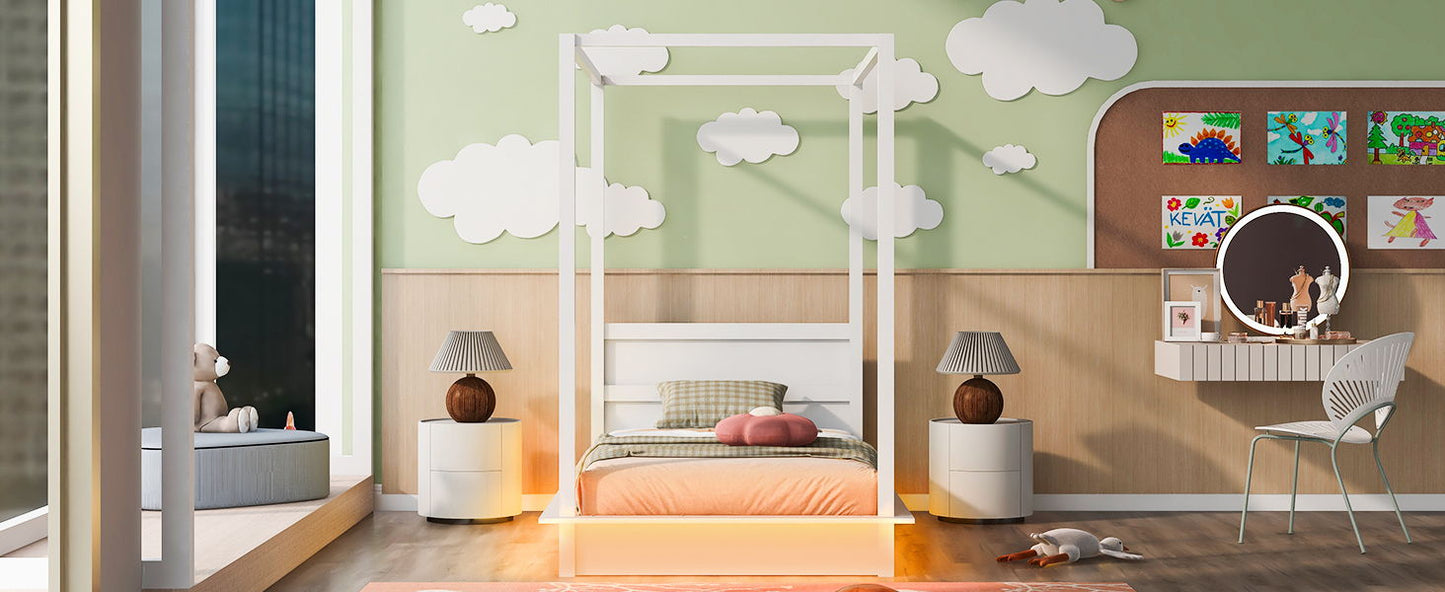 Twin Size LED Canopy Bed, Canopy Platform Bed With Support Slats, No Box Spring Needed - White