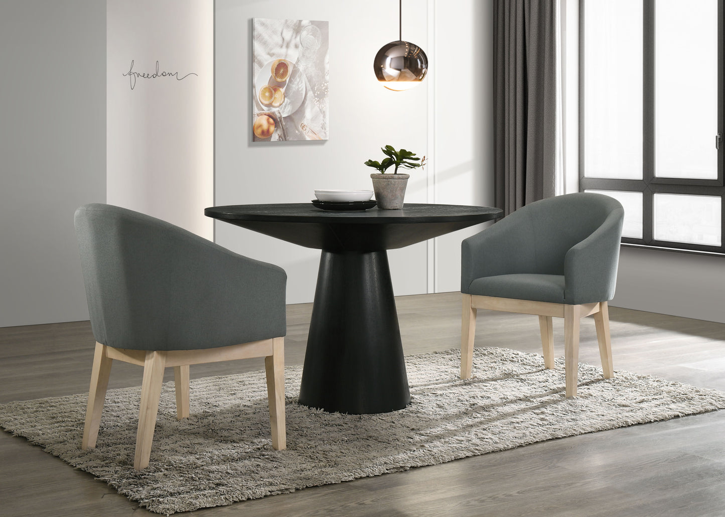 Jasper - 3 Piece Round Dining Table With Gray Barrel Chairs (Set of 3) - Ebony Black