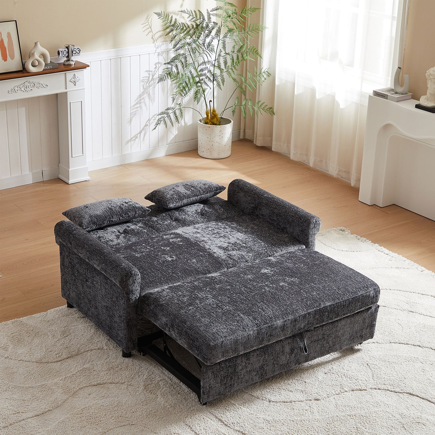 3 In 1 Loveseat Sofa Bed Chenille Fabric Pull Out Couch Sleeper Full Back Frame, Seat Frame, Armrests & 2 Pillows - Dark Gray