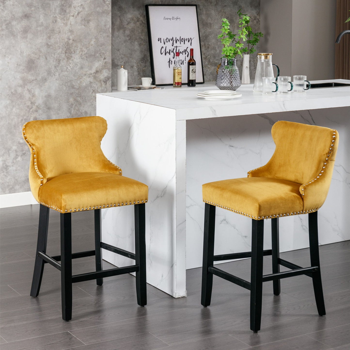 Contemporary Velvet Upholstered Wing-Back Barstools With Button Tufted Decoration And Wooden Legs, And Chrome Nailhead Trim, Leisure Style Bar Chairs, Bar Stools (Set of 4) - Gold